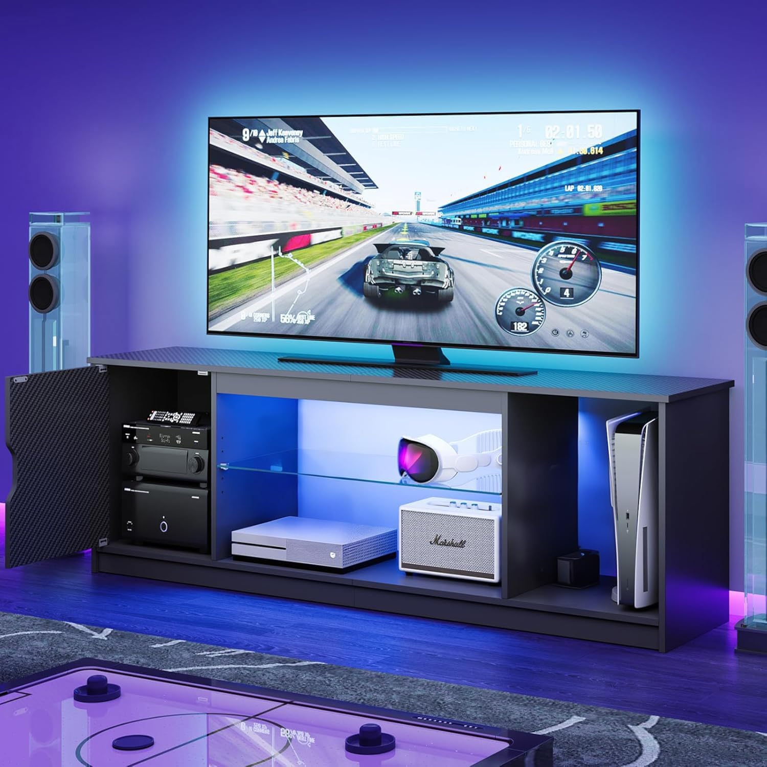 Bestier 57" LED TV Stand for 55/60/65 Inch TVs - Gaming Entertainment Center with RGB Lights, Adjustable Glass Shelves & Cabinet for PS5/Xbox, Modern Black TV Console for Living Room