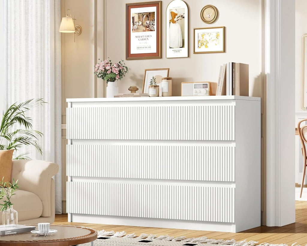 Jocoevol 6 Drawer Dresser, Fluted Dresser for Bedroom with Sleek Hidden Handles, Bedroom Dressers with Drawers, Wood Closet Clothes Storage Organizer for Bedroom, Pure White