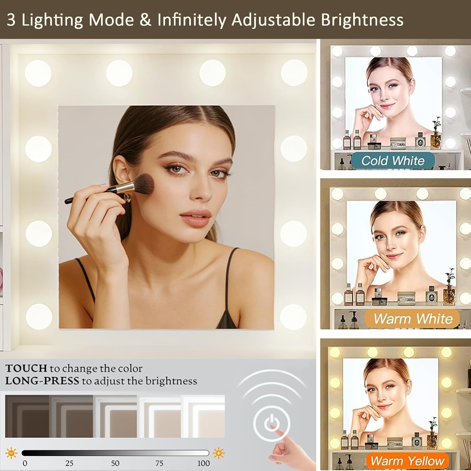 DYHOME Large Vanity Desk with LED Light Mirror & Power Outlet, 3 Lighting Modes, Adjustable Bright, White Makeup Vanity, 7 Drawers, 3 Storage Cabinet, Dressing Table for Women, Girls, Teens, Bedroom