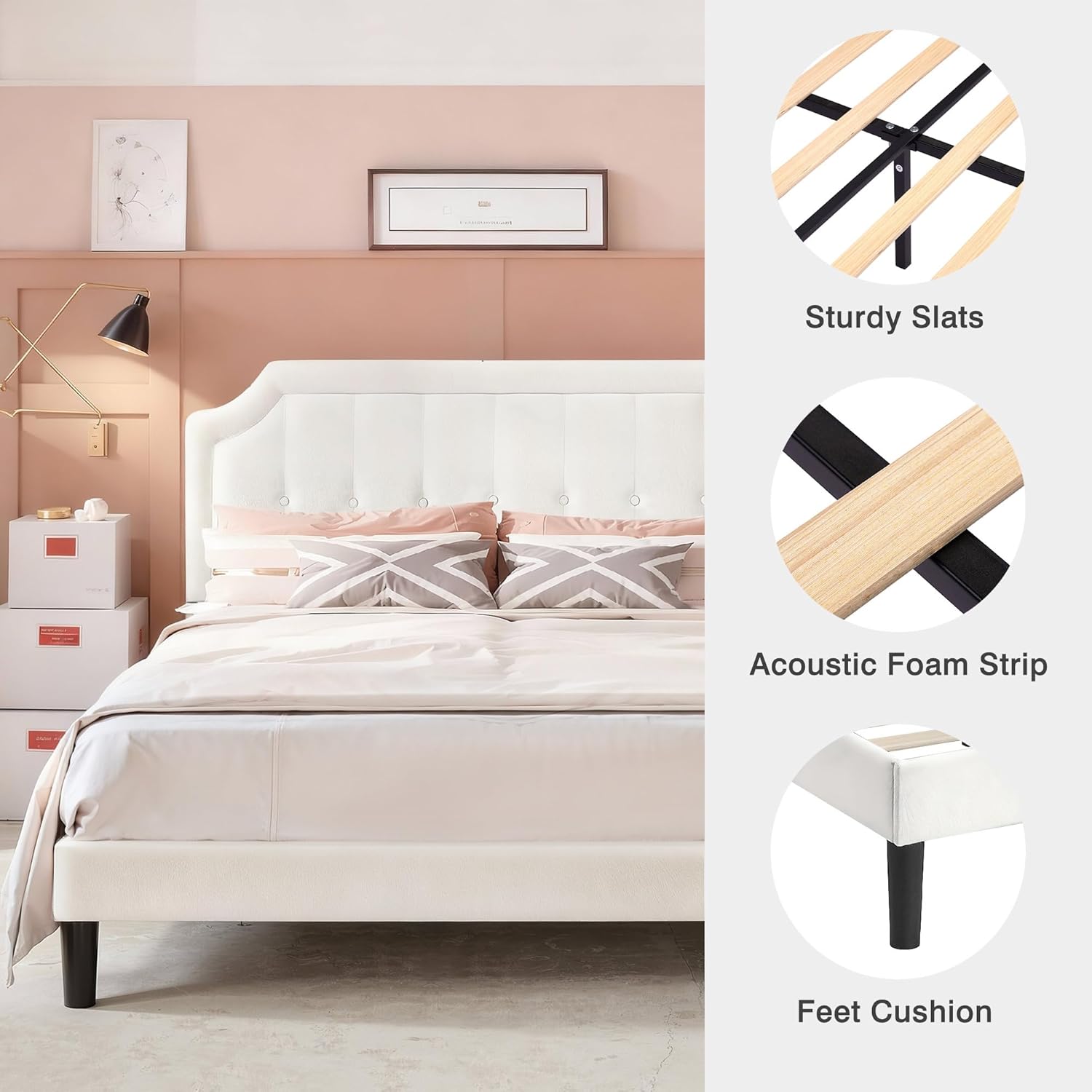 VECELO Queen Size Bed Frame with Velvet Upholstered Headboard, Platform Bedframe Mattress Foundation, Sturdy Wooden Slats Support,No Box Spring Needed Noise Free/Easy Assembly, Off White