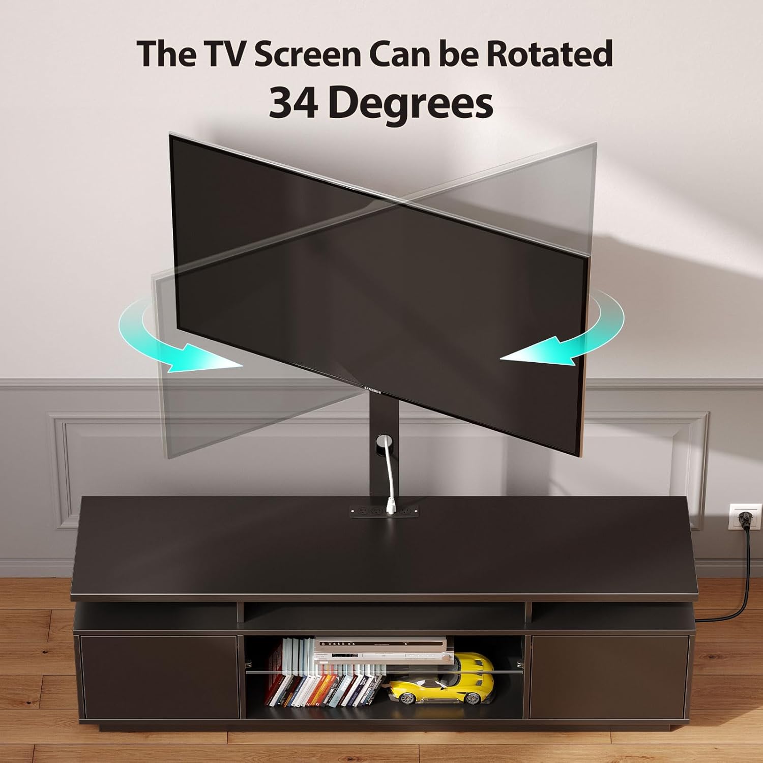 Rolanstar TV Stand with Mount and Power Outlet 51.2", Swivel TV Stand Mount for 32/45/55/60/65/70 inch TVs, Height Adjustable Modern Entertainment Center with Storage & LED Lights, TV Table Black