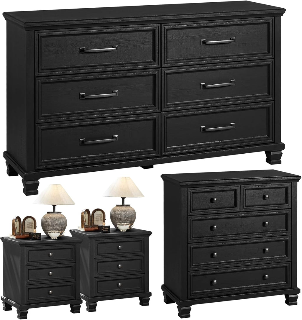 SAVOR LIFE Farmhouse Black Bedroom Sets of 4, Includes 6 Drawer Large Dresser, Vintage Night Stand with 3 Drawers, Small 5 Chest of Drawers, Wood Rustic Dresser & Nightstand Set for Bedroom, Home