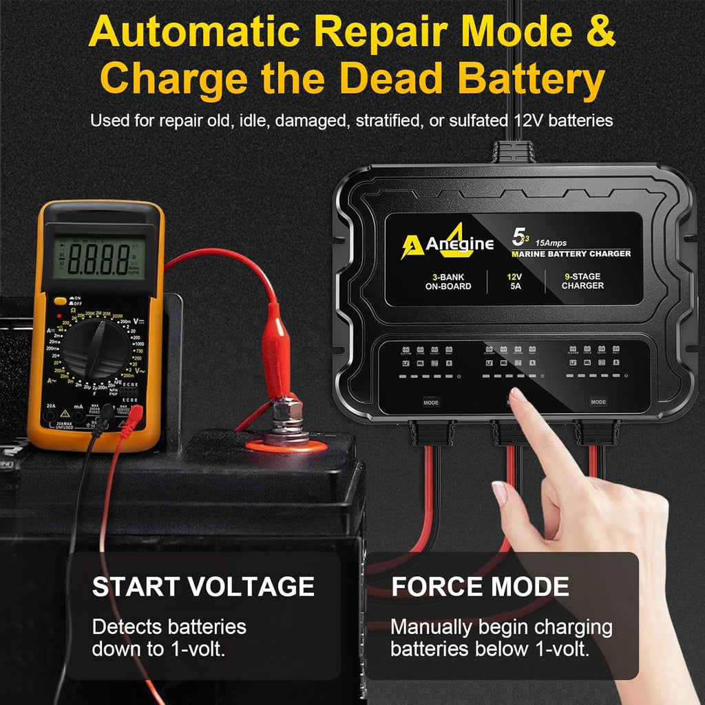 3 Bank Marine Battery Charger, 12V (5A/Bank) IP68 Waterproof LCD Onboard Battery Charger with Overcharge Protection & Temperature Compensation- for Lead-Acid, AGM, EFB, LiFePO4, Lithium, Boat, Car, RV