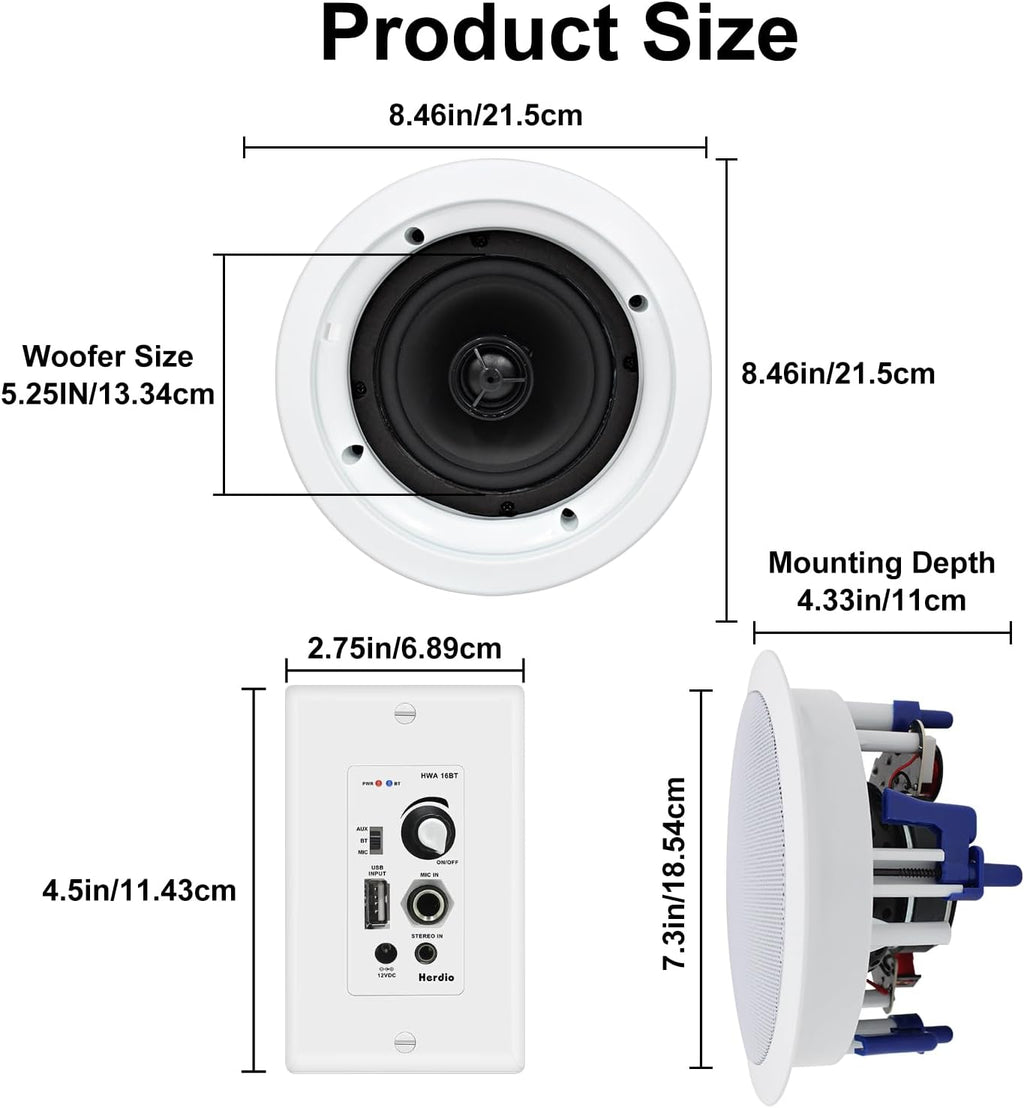 Herdio 5.25 Inch Bluetooth Ceiling Speakers Max Power 600W 2-Way Flush Mount Plus Wall Mount Amplifier Receiver Suitable for Home Theater Bathroom Living Room Kitchen Office(4 Speakers)