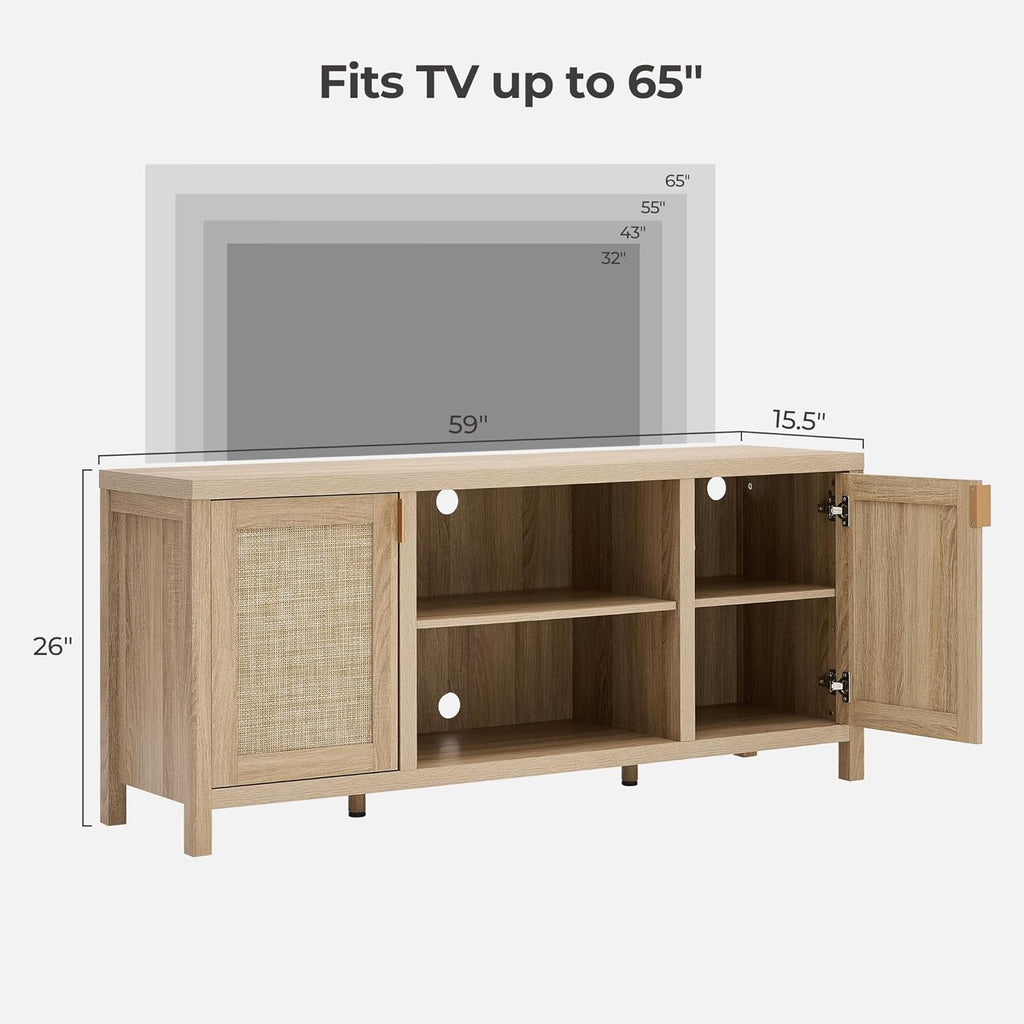 SICOTAS Rattan TV Stand for Living Room - 26" Tall TV Console Cabinet with Storage and Adjustable Shelf, Boho Entertainment Center, 59" Media Console for 50, 55, 65 Inch TV, Light Oak