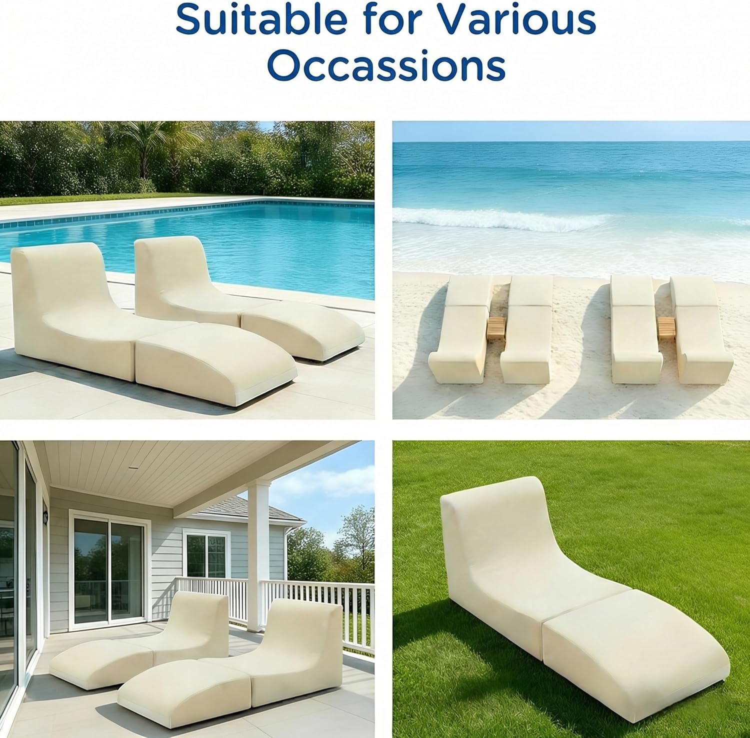 ZealWe Bean Bag Chair Set of 2 Outdoor Patio Lounge Chair with Back Support, Chaise Lounge Chair Waterproof Beach Bean Bag Couch for Adults, Memory Foam Filled for Poolside Balcony, Beige | water proof