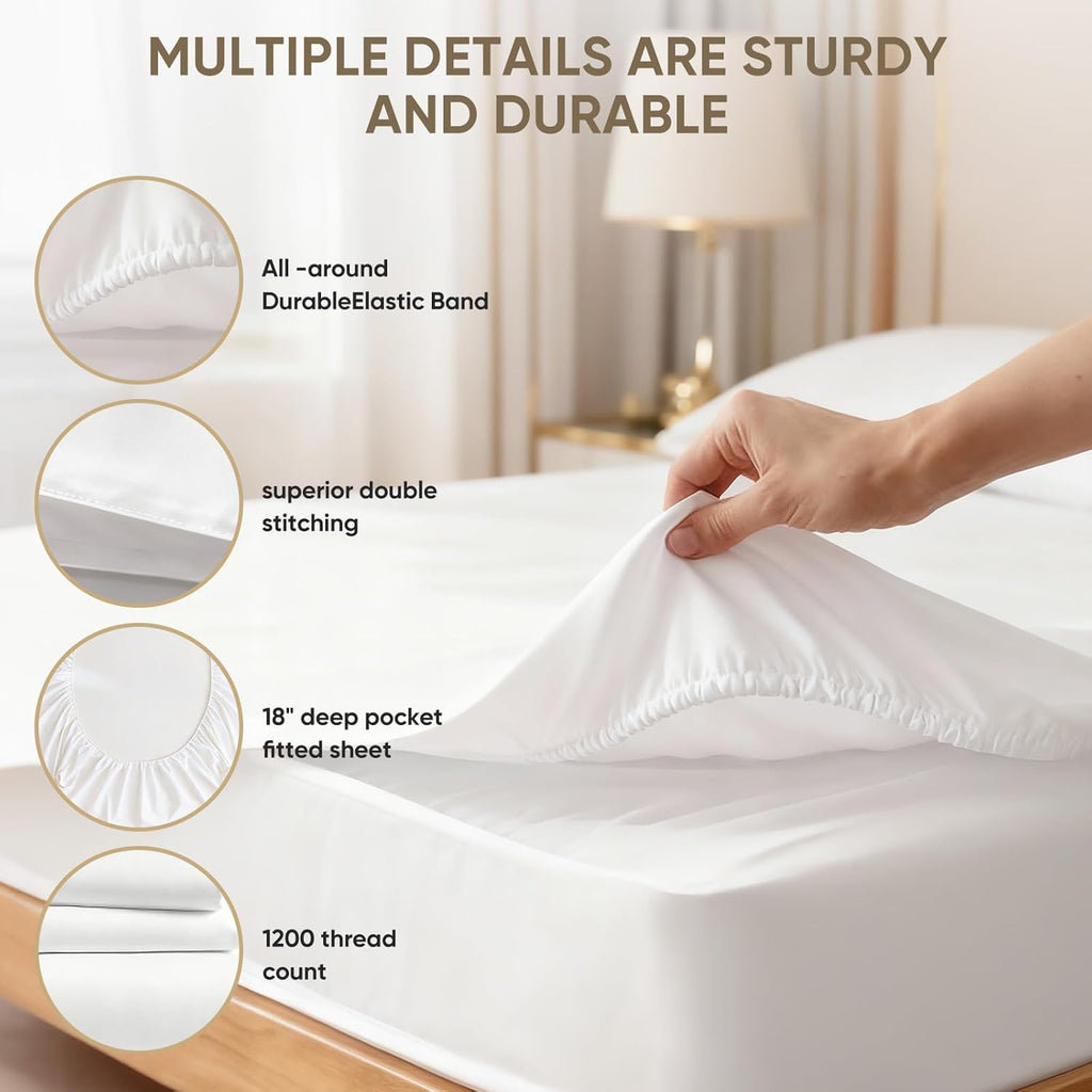 TWK 1200 Thread Count Egyptian Cotton 100% Bed Sheet Set, Solid Thickness, Long-Lasting Durable Construction, Resists Pilling, 18" Deep Pocket Capacity