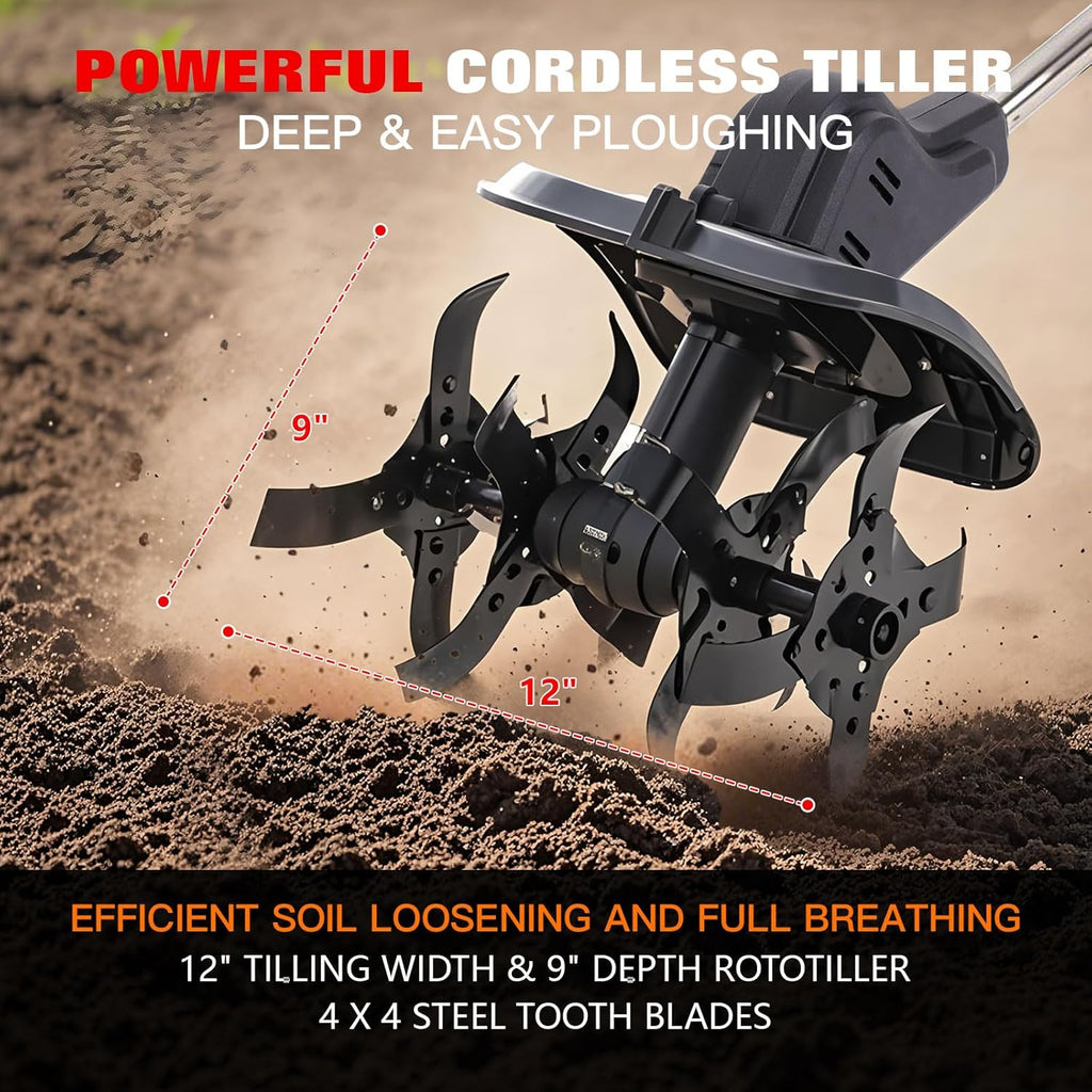 Cordless 2-in-1 Tiller & Weed Whacker Combo, 800W Brushless Motor, 12"x9" Rototiller, 8" Trimmer, 2x21v 6.0Ah Battery, Electric Weed Eater & Garden Tiller, Perfect for Lawn Care & Gardening Tools