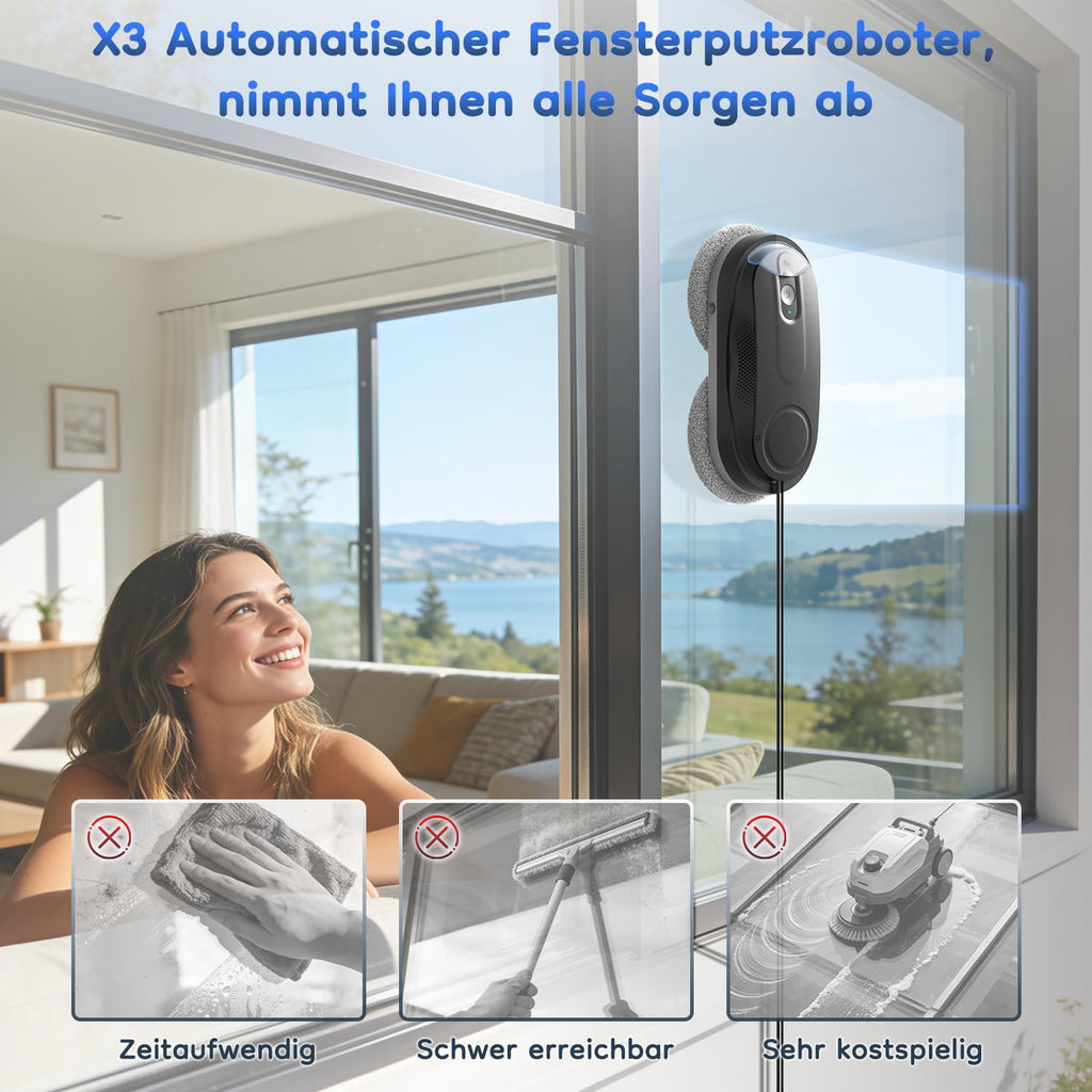 Obito X3 Window Cleaning Robot, Dual Nozzles with Ultrasonic Spray, 5.0 AI Path Planning, Max 3200Pa & Steady-Climbing System, Automatic Edge Detection, Robot Window Cleaner Inside/Outside, Black