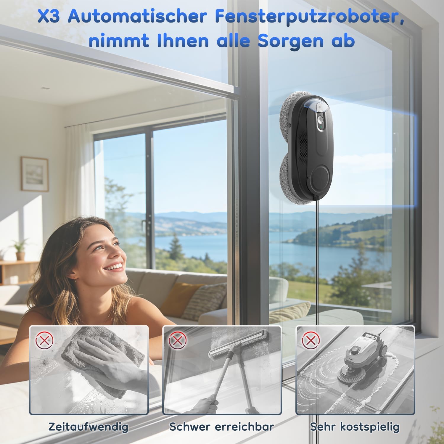 Obito X3 Window Cleaning Robot, Dual Nozzles with Ultrasonic Spray, 5.0 AI Path Planning, Max 3200Pa & Steady-Climbing System, Automatic Edge Detection, Robot Window Cleaner Inside/Outside, Black