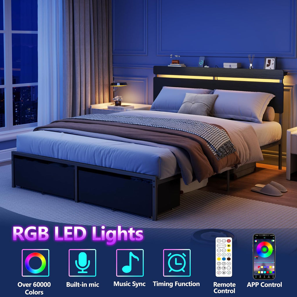 Forestell Queen Bed Frame with Wood Headboard, Black Platform Bed with 2 Storage Drawers & Shelf, Built-in Charging Station & LED Lights, Metal Support, No Box Spring Needed, Cama Queen Size