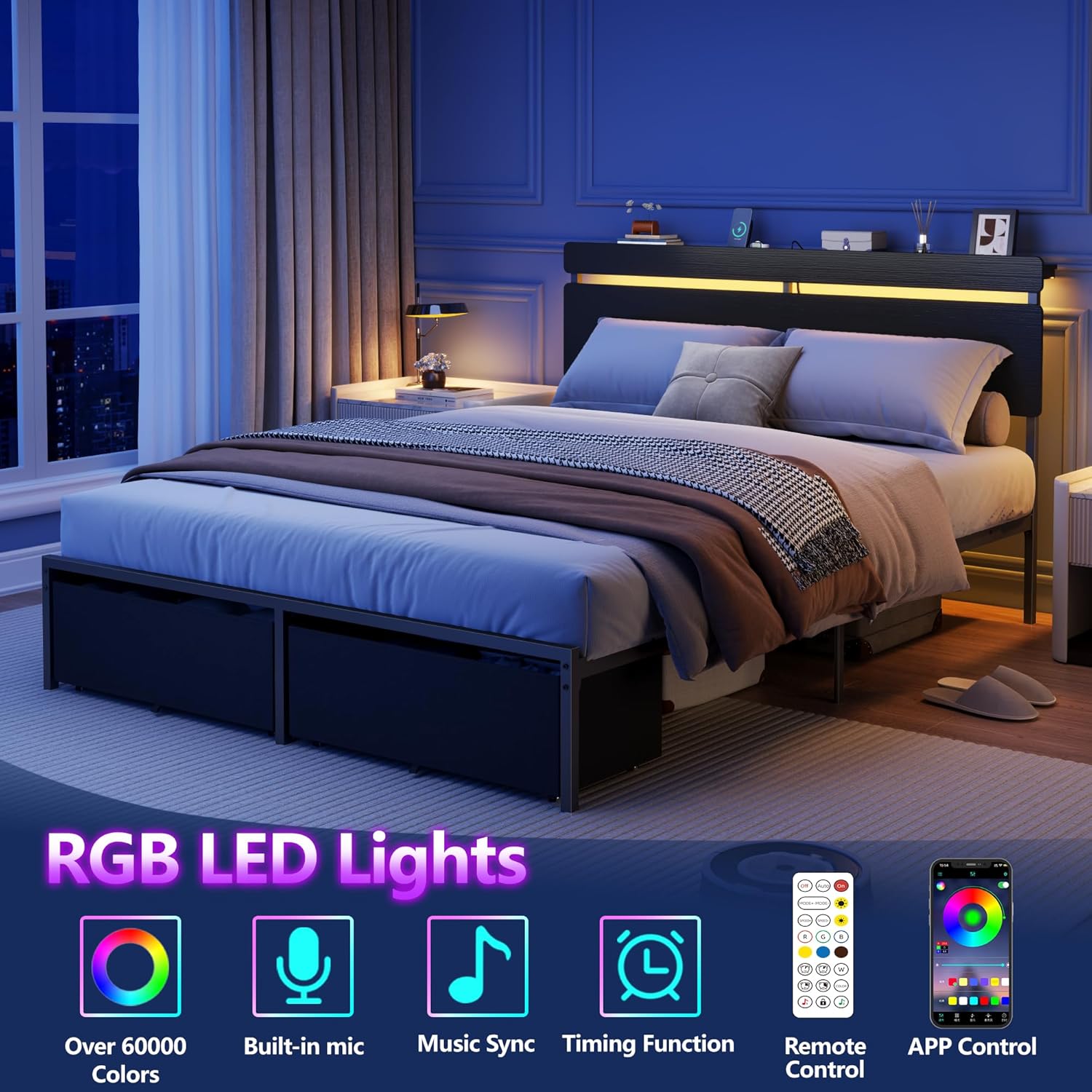 Forestell Queen Bed Frame with Wood Headboard, Black Platform Bed with 2 Storage Drawers & Shelf, Built-in Charging Station & LED Lights, Metal Support, No Box Spring Needed, Cama Queen Size