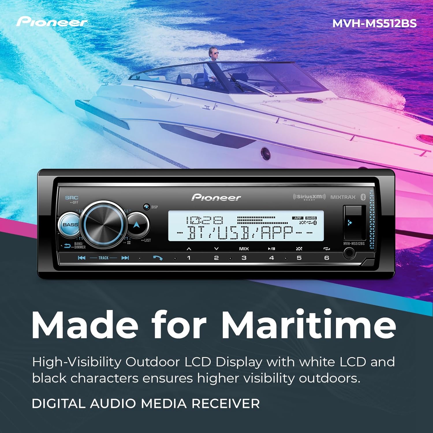 Pioneer MVH-MS512BS Marine Digital Media Receiver – Bluetooth, SiriusXM, USB, FLAC, Conformal Coating, Color Change, White Display for Outdoor, AM/FM Radio, Hi-Volt RCA, iPhone/Android Compatible