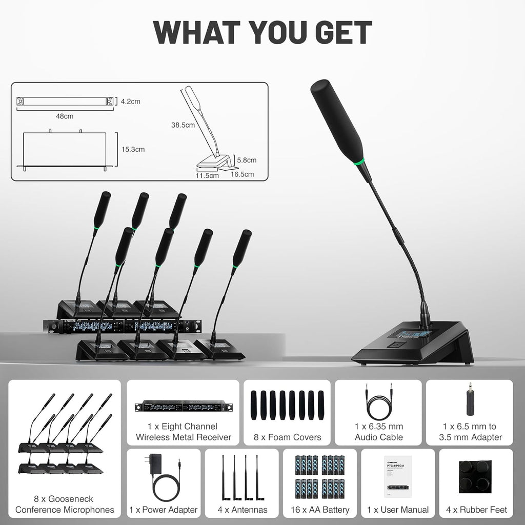 Phenyx Pro 8-Channel Wireless Conference Microphone System, Wireless Podium Microphone with 8x25 UHF Frequencies, Auto Scan, 8 Gooseneck Mics for Lecture, Church, Conference, Public Speaking (PTC-8)