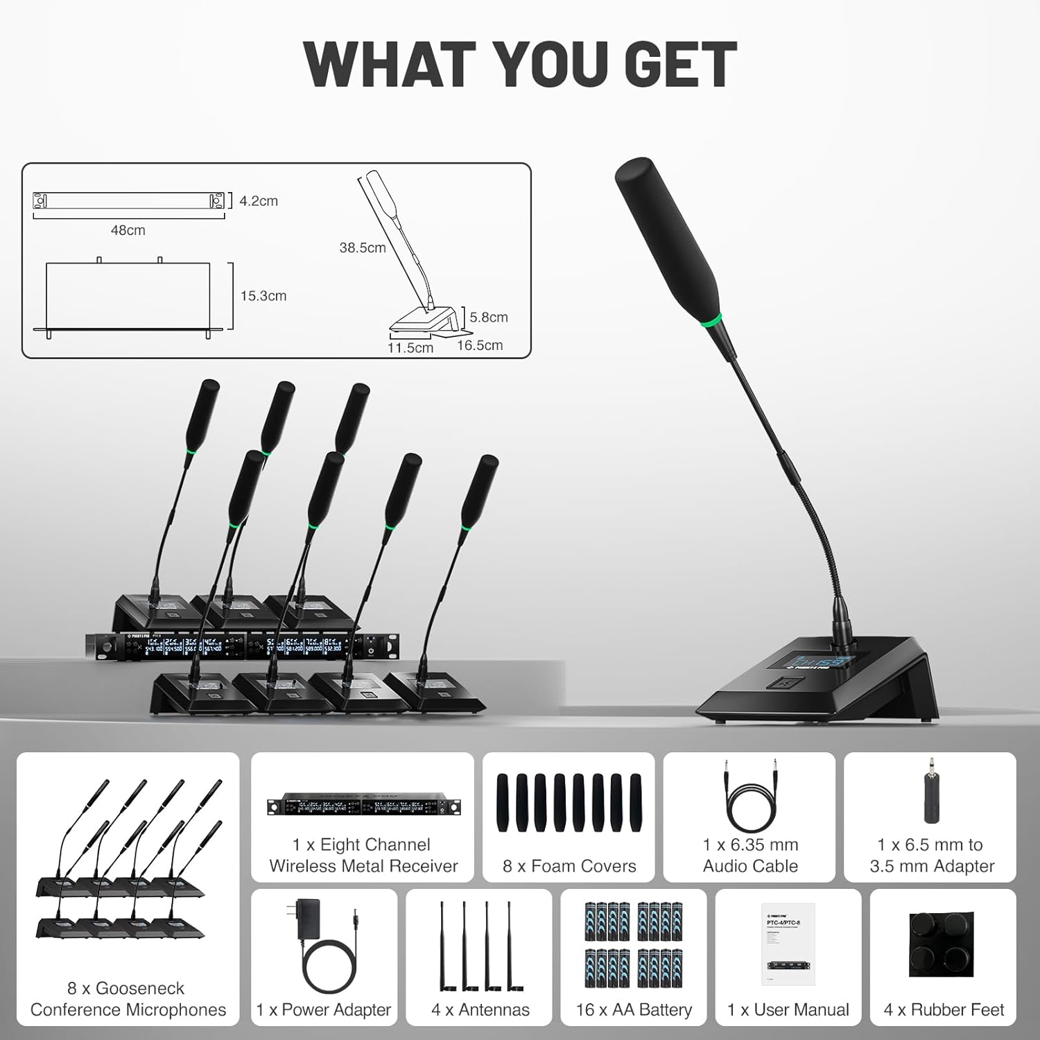 Phenyx Pro 8-Channel Wireless Conference Microphone System, Wireless Podium Microphone with 8x25 UHF Frequencies, Auto Scan, 8 Gooseneck Mics for Lecture, Church, Conference, Public Speaking (PTC-8)