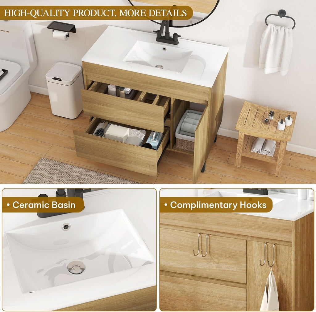 YITAHOME 36 Inch Bathroom Vanity with Sink, Bathroom Cabinet Vanity for Media Space, Freestanding Storage Bathroom Vanity with 1 Soft Closing Cabinet & 2 Drawers