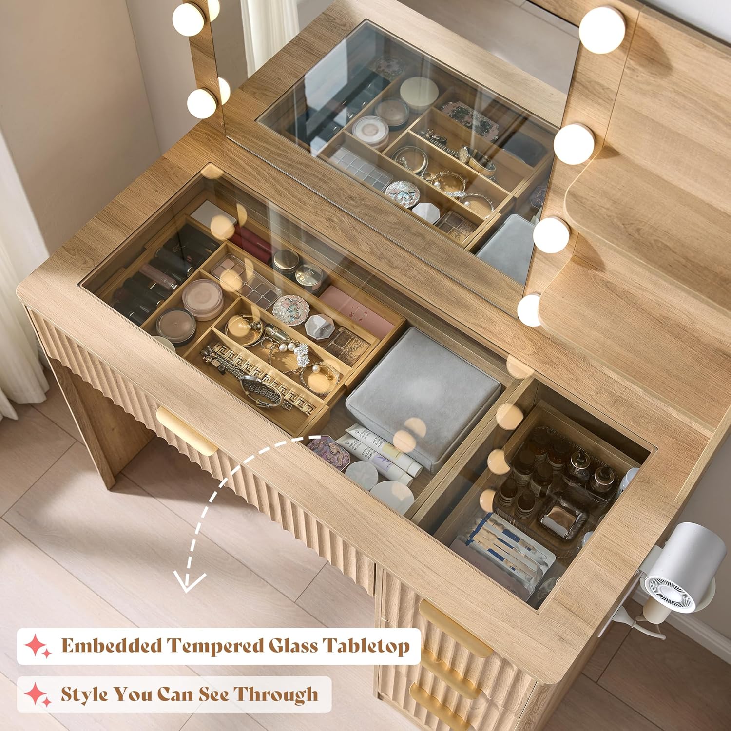 AMERLIFE 36.2" Fluted Vanity Desk with Mirror and Adjustable LED Lights, Large 4 Drawers Makeup Vanity Table with Glass Top and Charging Station for Women and Girls, Bedroom or Dorm, Natural Oak