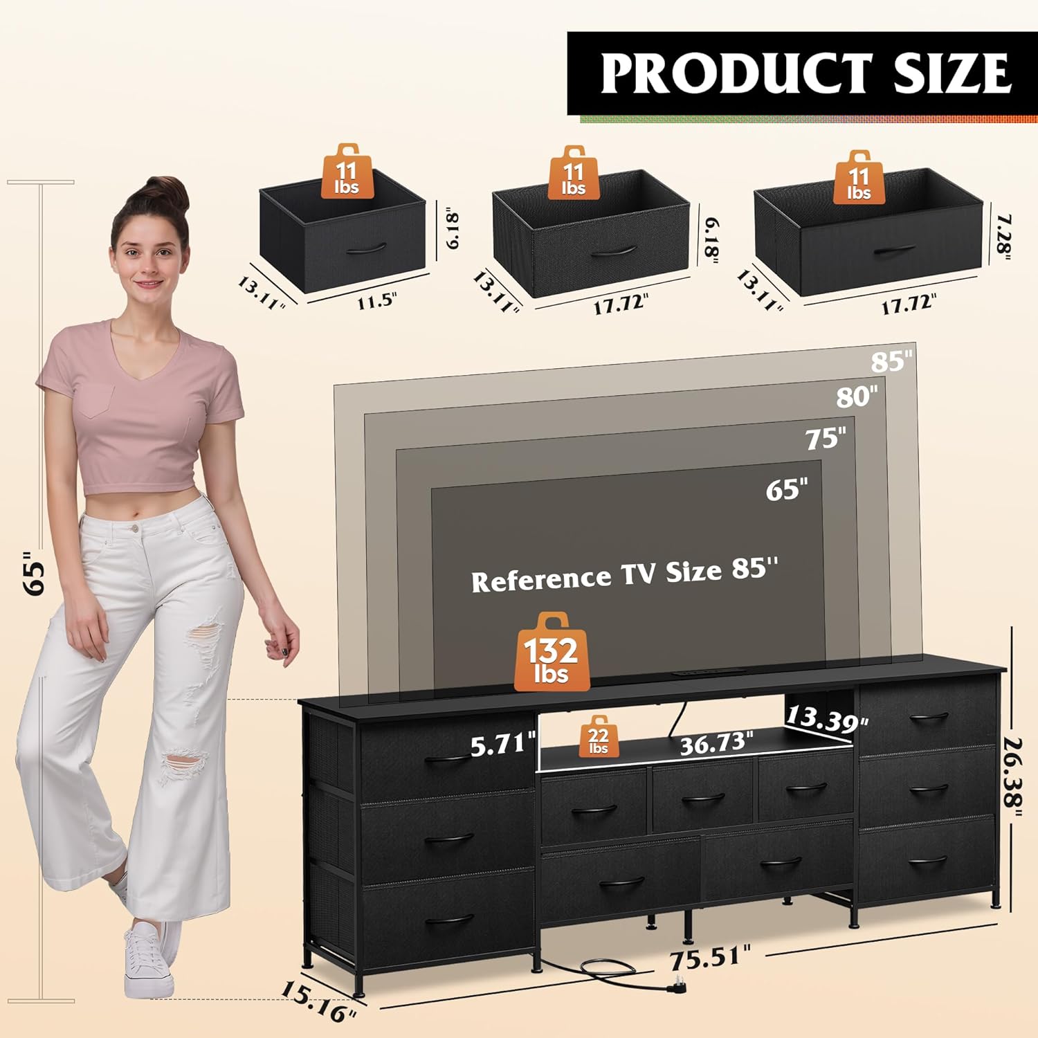 WLIVE 75.5" TV Stand for 65, 75, 80, 85 Inch TV, Dresser for Bedroom with Power Outlets & LED Lights, 11 Drawer Fabric Dresser with Open Shelves, Entertainment Center with Storage, Black