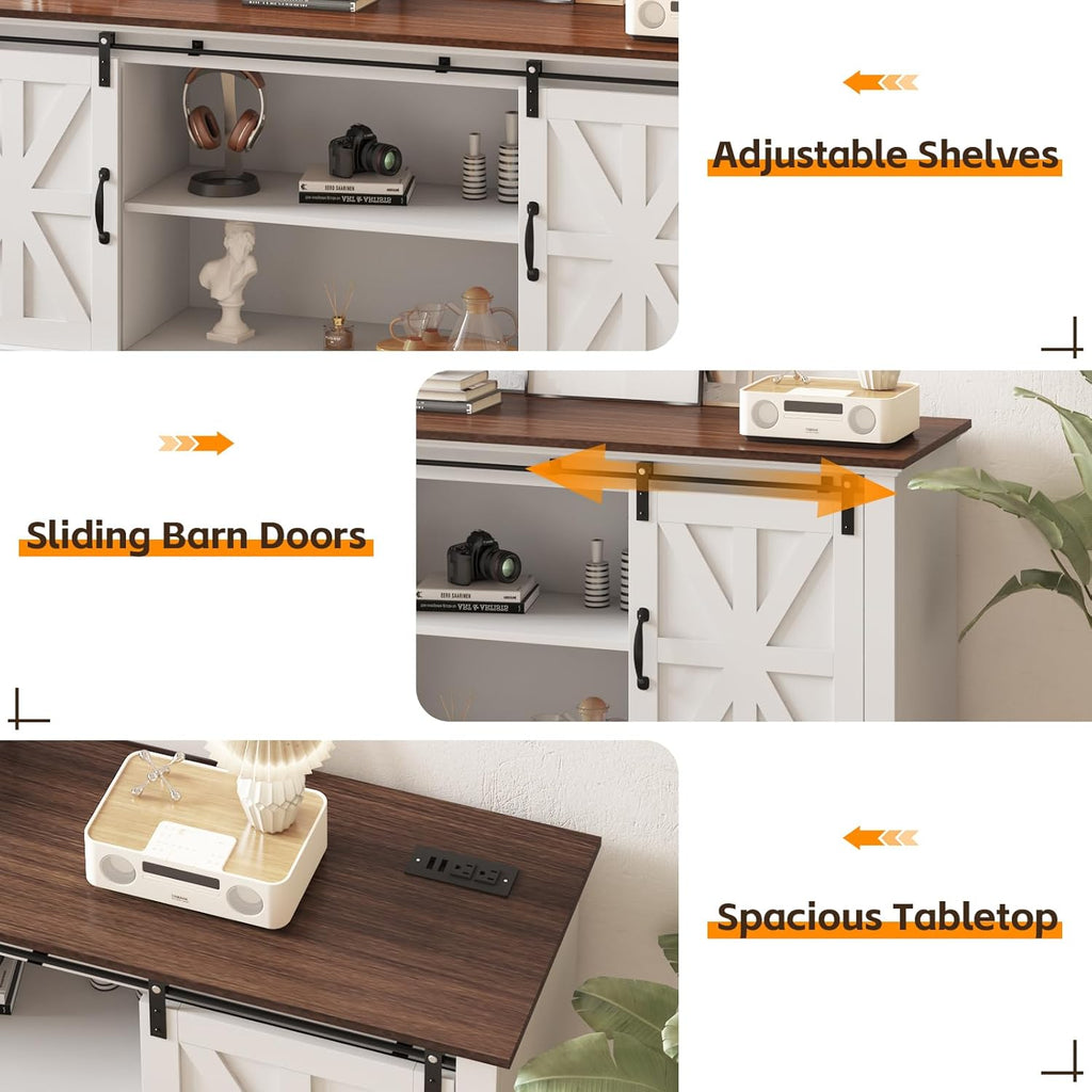 Classic Farmhouse TV Stand Cabinet for 75" Television, Home Entertainment Center with Adjustable Shelf & Sliding Barn Doors, Media TV Console Table for Living Room, 15.8D x66W x28H, Farmhouse White