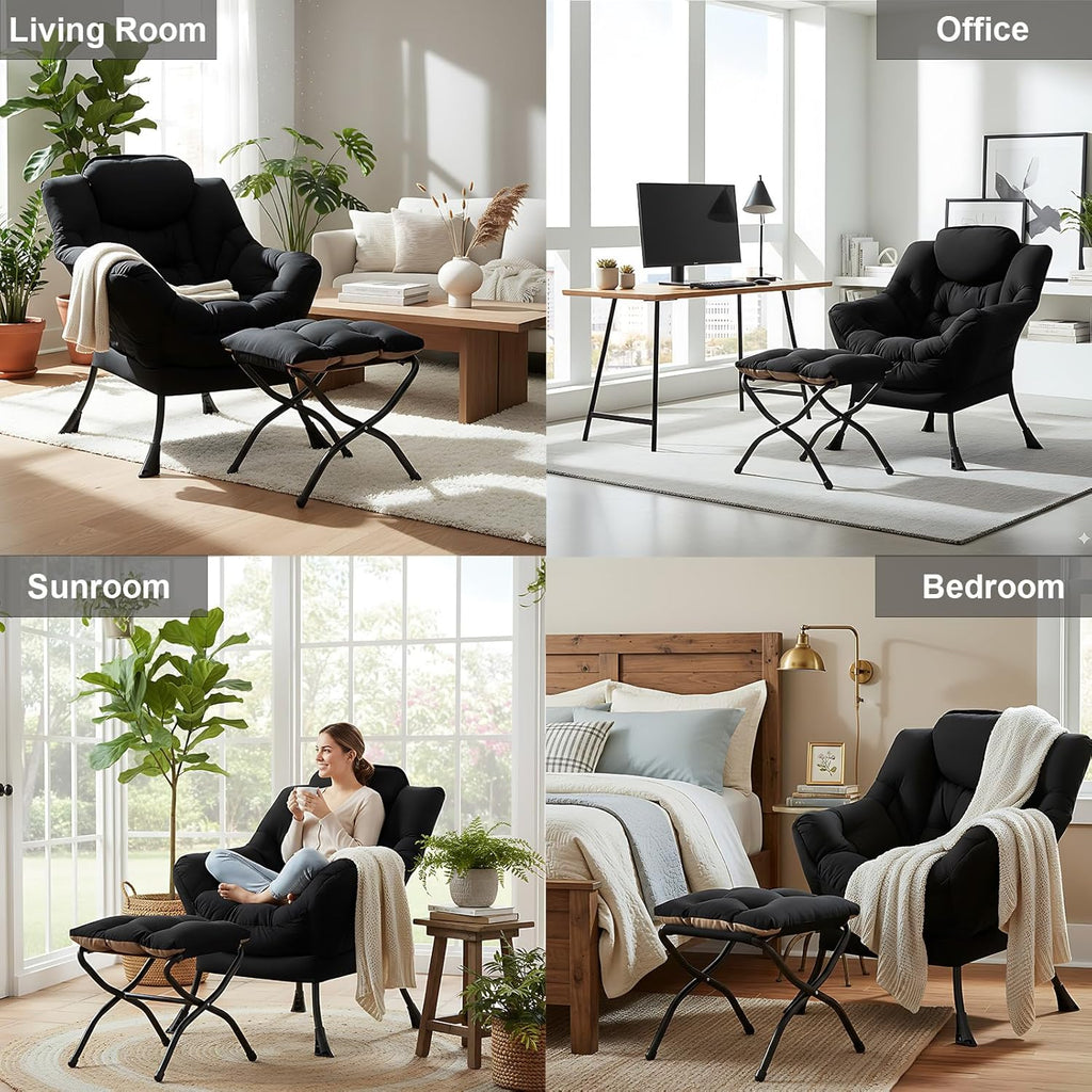 LITA Lazy Chair with Ottoman, Modern Accent Leisure Upholstered Sofa Chair, Contemporary Lounge Reading Chairs with Armrests and a Side Pocket for Living Room, Bedroom & Small Space, Black