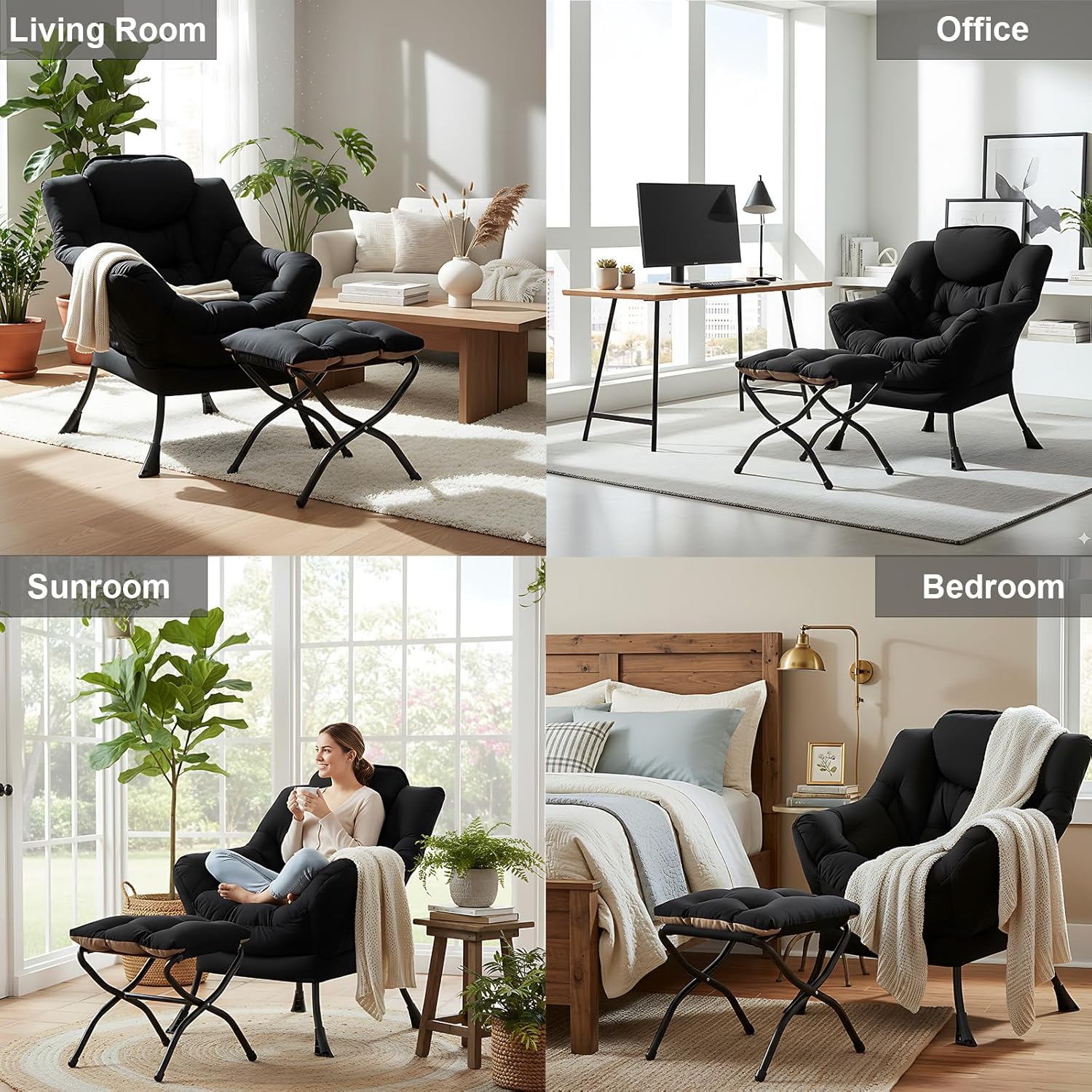 LITA Lazy Chair with Ottoman, Modern Accent Leisure Upholstered Sofa Chair, Contemporary Lounge Reading Chairs with Armrests and a Side Pocket for Living Room, Bedroom & Small Space, Black