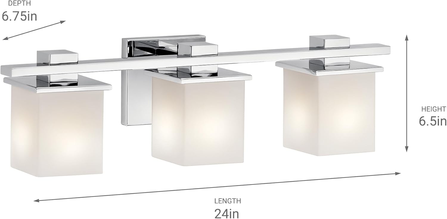 Kichler Tully 24" Vanity Light in Chrome, 3-Light Modern Bathroom Light with Satin Etched Cased Opal Glass, (24" W x 6.5" H), 45151CH