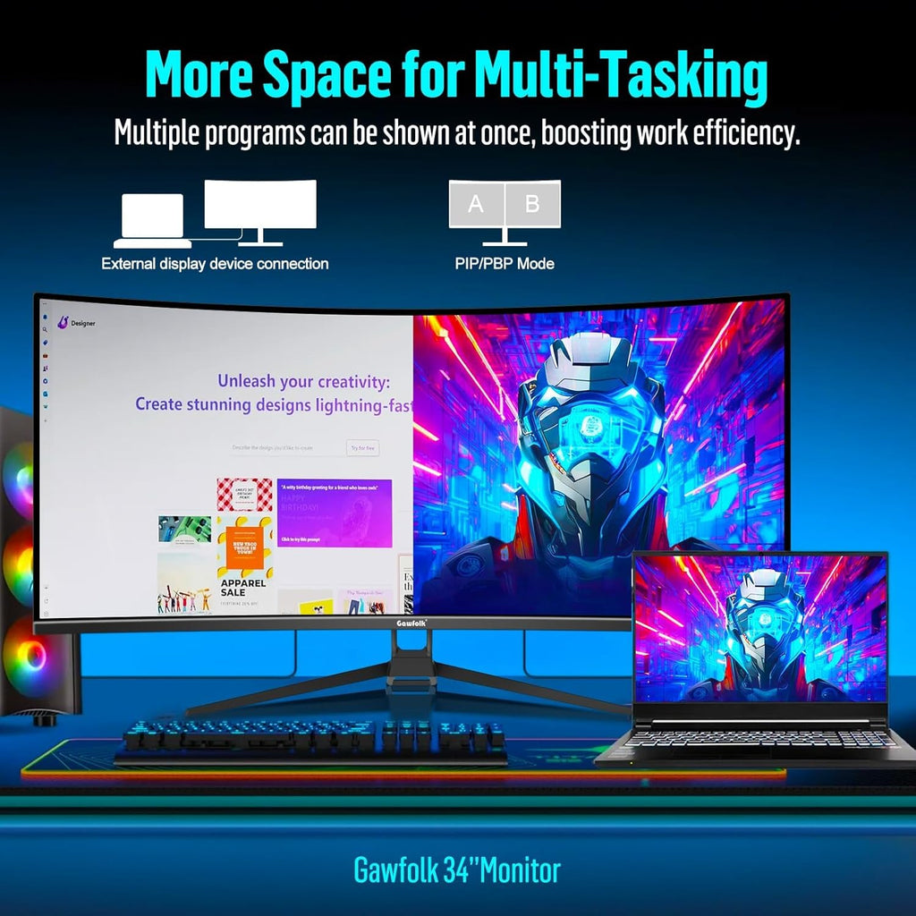 Gawfolk 34 Inch Ultrawide Curved Gaming Monitor, 21:9 UWQHD 3440x1440 165Hz Curved 1500R Computer Monitor PIP/PBP,1ms(MPRT) 128% sRGB,HDMI & DP,Tilt Adjustable,Panoramic for Office & Immersive Gaming