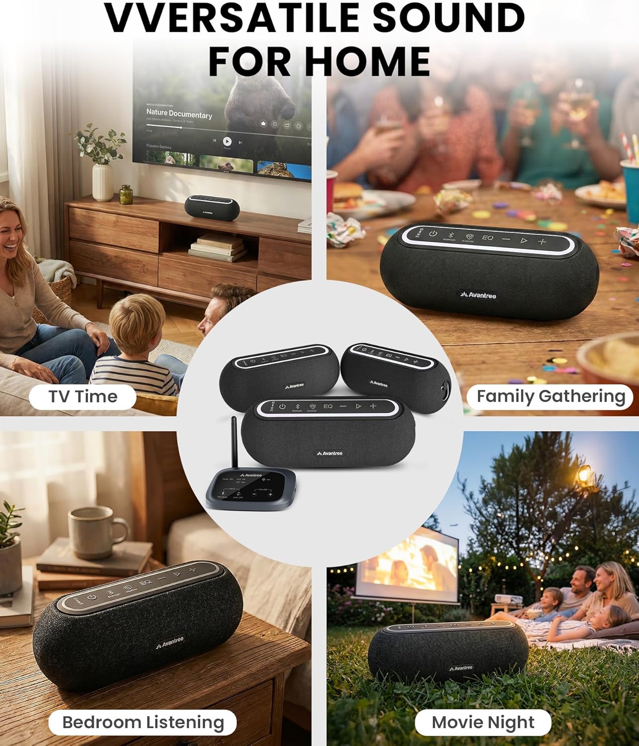Avantree Harmony A2 – Wireless Auracast Speaker System for Whole-Home Audio, 100m Range, Expandable Setup, 3 EQ Modes for TV & Music, 1 Transmitter with 4 Bluetooth Speakers
