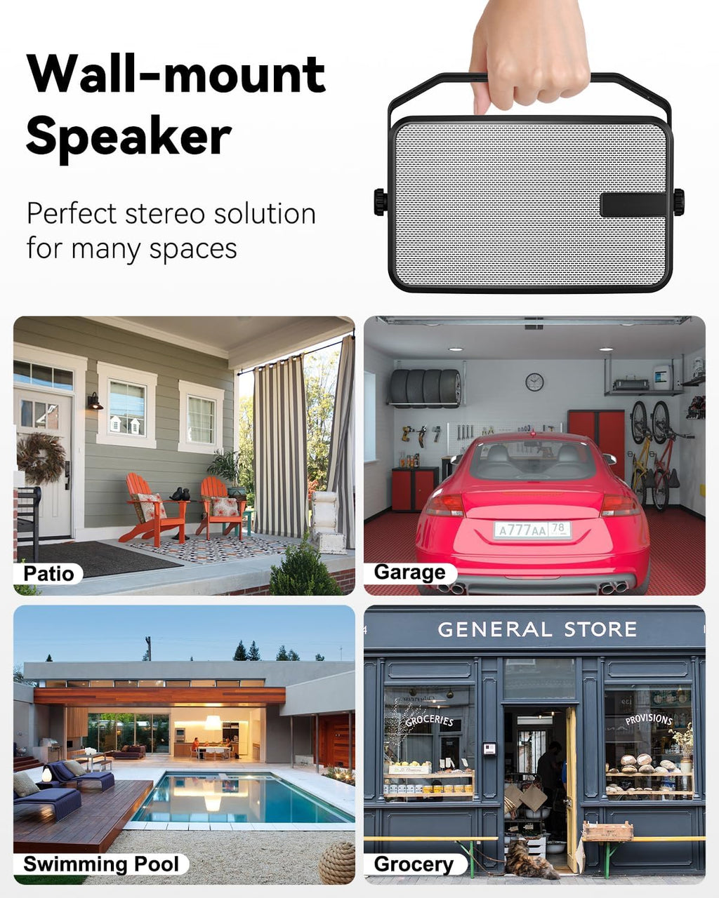 400W Outdoor Bluetooth Speakers, Wireless Sync Between Speakers, Powerful Bass, Wall Mount for Patio, Porch, Gazebo, Garage, 2-Pack, White(MZ-621)