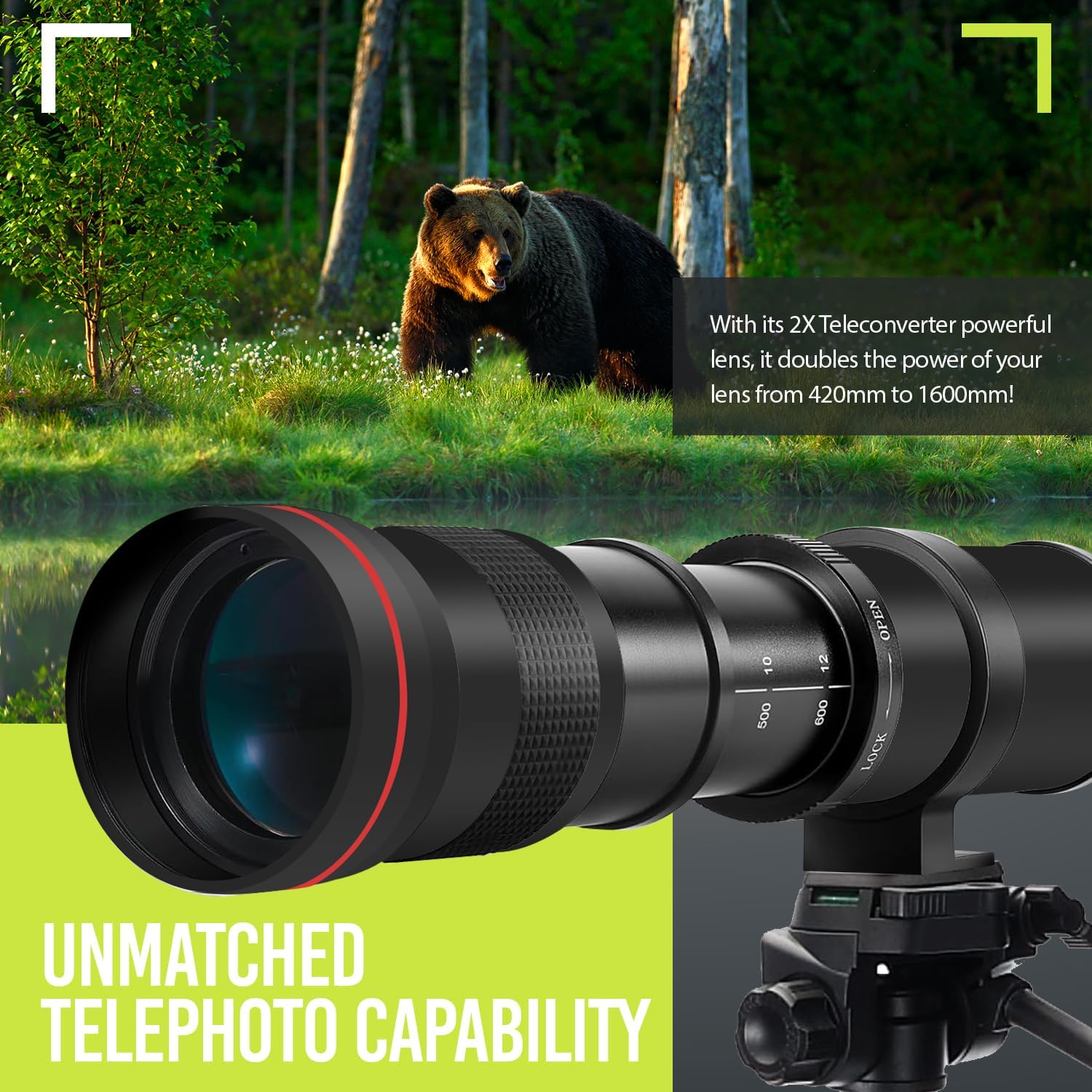 High-Power 420-1600mm f/8.3 HD Manual Telephoto Zoom Lens for Canon EOS 70D, 80D, 90D, Rebel T3, T3i, T5, T5i, T6i, T6s, T7, T7I, T8I, SL3, EOS 5D, EOS5D IV, 6D II, 7D II SLR Cameras