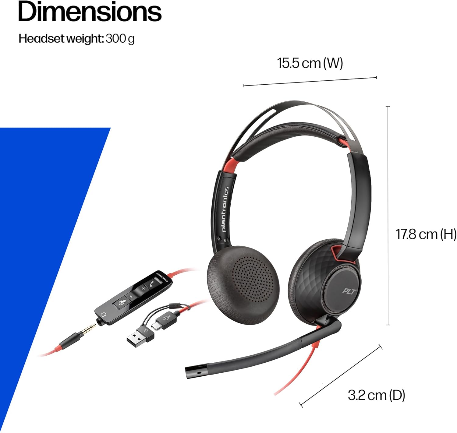 Poly Blackwire 5220 Wired Headset - Flexible Boom Mic - Noise Cancelling Headphones with Mic - USB-C, USB-A, 3.5mm - Ergonomic Over-Ear Design - Works with Microsoft Teams, Zoom - Work from Home