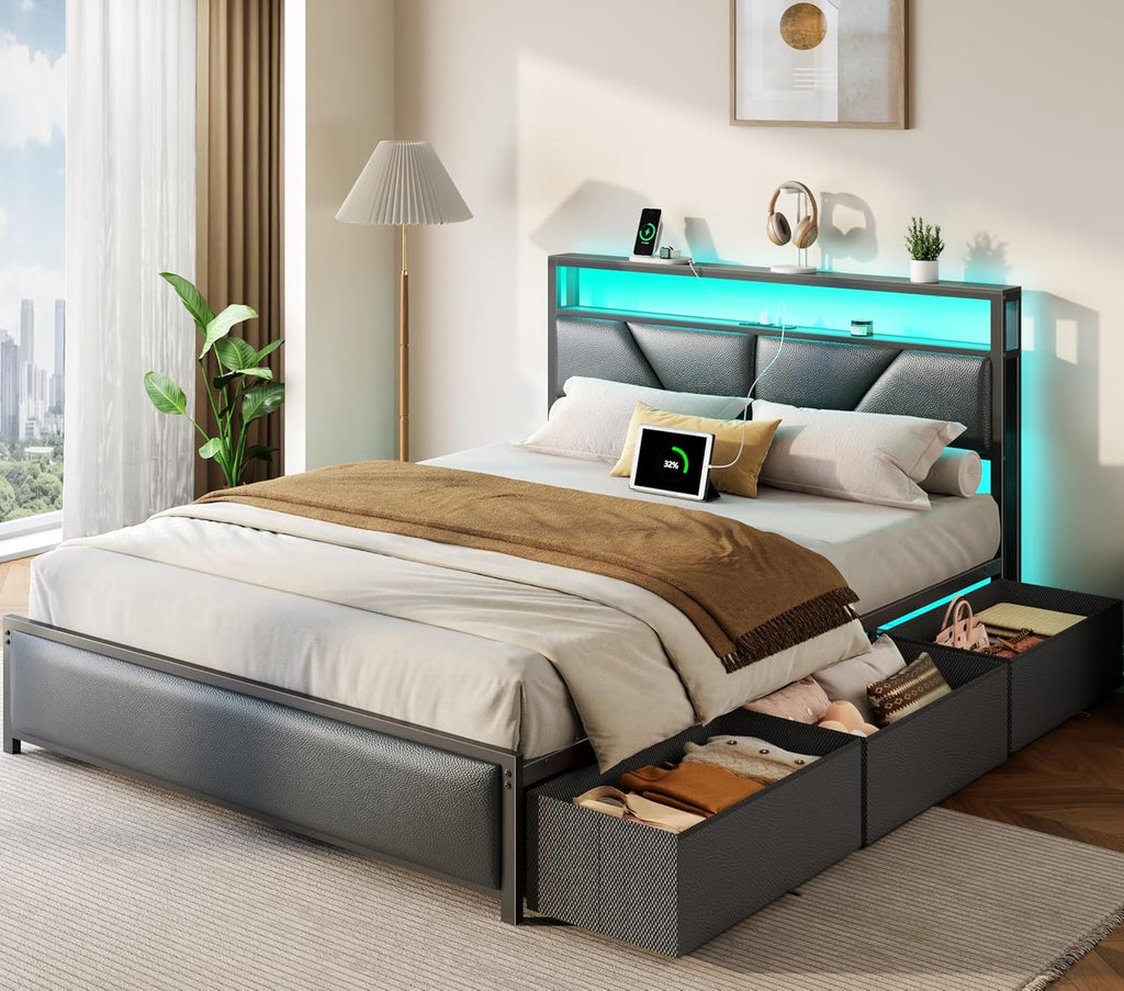OURPIC Queen Bed Frame, 2-Tier Storage Headboard & 6 Fabric Drawers, PU Leather Upholstered Queen Size Platform Bed with Charging Station and LED Lights, No Box Spring Needed, Noise Free