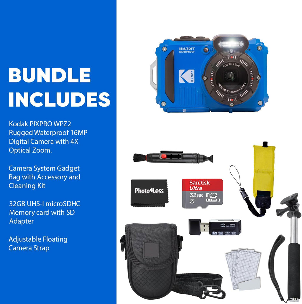 Kodak PIXPRO WPZ2 Rugged Waterproof Shockproof Digital Camera 16MP 4X Optical Zoom 1080P Full HD Video, 2.7 LCD (Blue), 32GB SD Card, Black Compact Camera Case, Floating Strap, Bundle (7 Items)