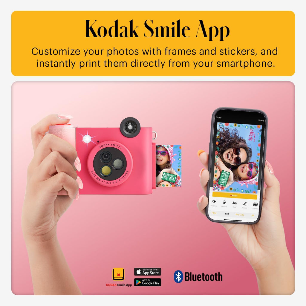 Kodak Smile+ 2-in-1 Digital Instant Print Camera & Wireless Bluetooth Photo Printer - 10MP, Special-Effect Rotating Lens, Zink 2x3” Sticky-Back Photos, Print via Fun App from Smart Devices - Fuchsia