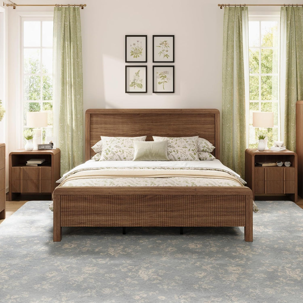 AMERLIFE 3-Piece Modern Fluted Bedroom Furniture Set, Including Wood Full Size Bed Frame with Headboard & Footboard and Storage Night Stand Set of 2, Wooden Bedframe and Nightstand Sets, Walnut
