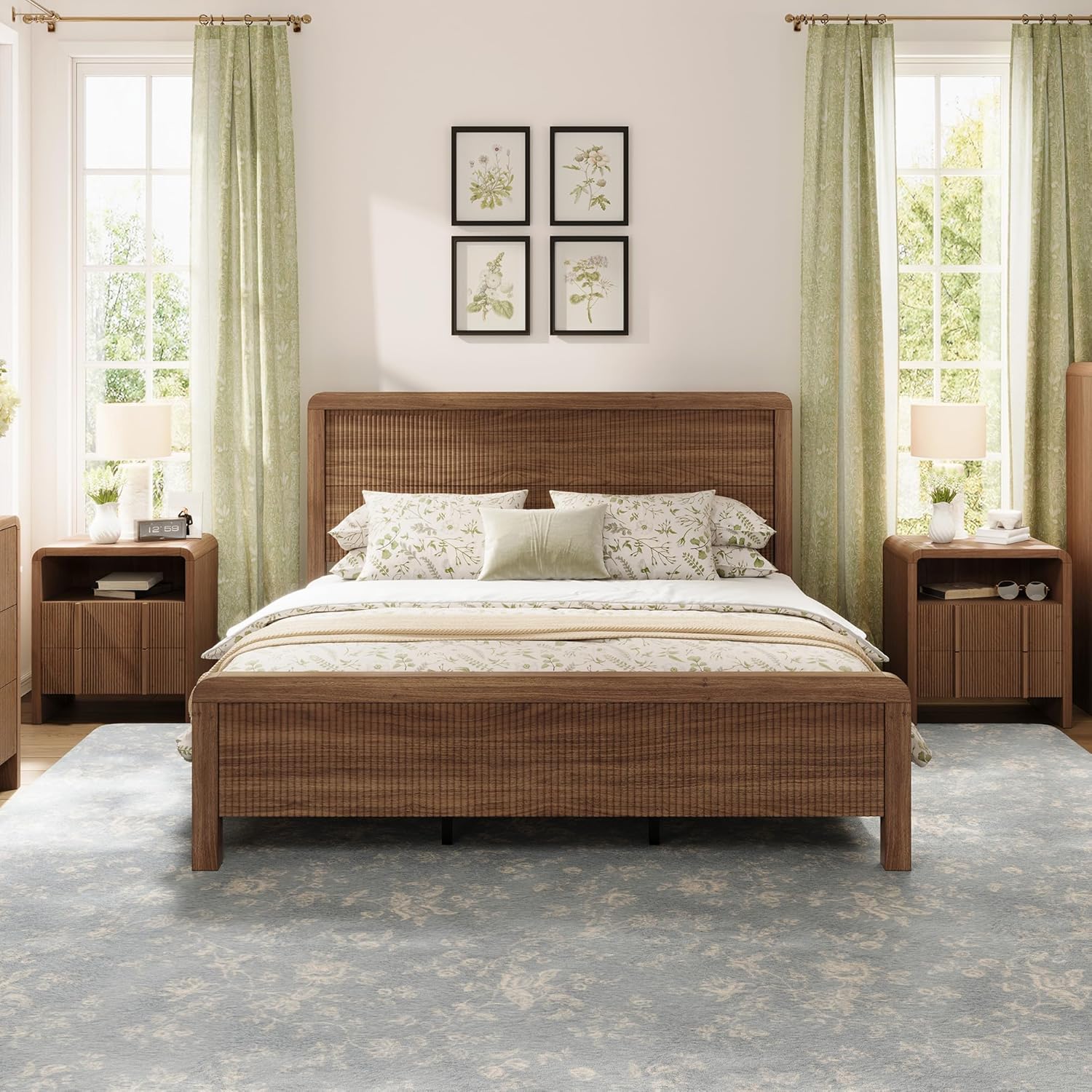 AMERLIFE 3-Piece Modern Fluted Bedroom Furniture Set, Including Wood Full Size Bed Frame with Headboard & Footboard and Storage Night Stand Set of 2, Wooden Bedframe and Nightstand Sets, Walnut