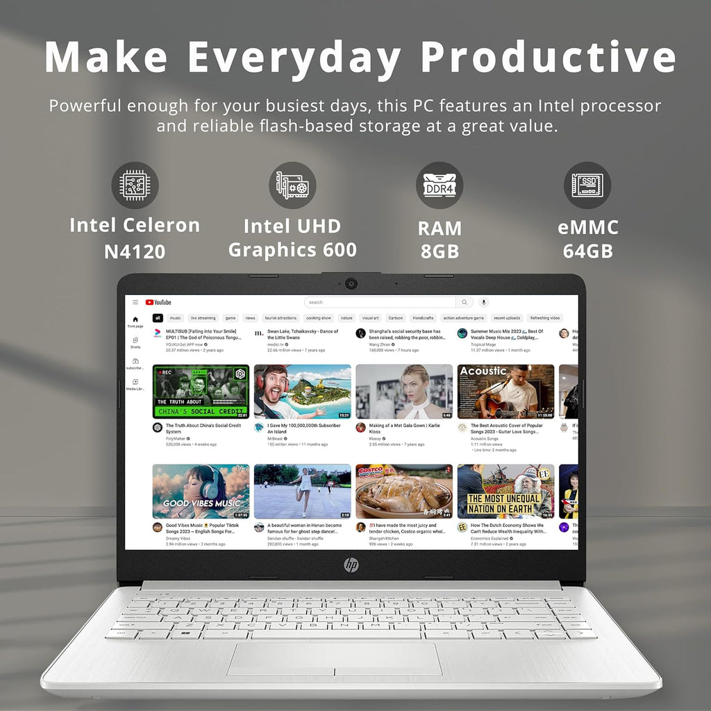 HP Stream 14" HD BrightView Laptop, Intel Celeron N4120 Processor, 8GB RAM, 64GB SSD, Intel UHD Graphics, 720p Webcam, WiFi, HDMI, Win 11 S, Silver (Renewed)