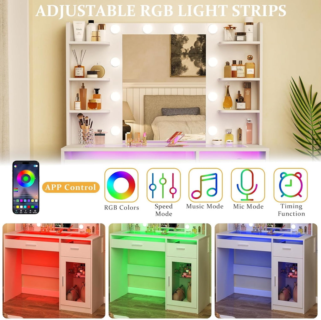 HUAHUU Vanity Desk with Mirror and Lights, Makeup Vanity Desk with Lights 3 Colors, Transparent Top Vanity with 2 RGB Drawers, 6 Shelves, Large Tempered Cabinet, Power Outlet, for Bedroom, White