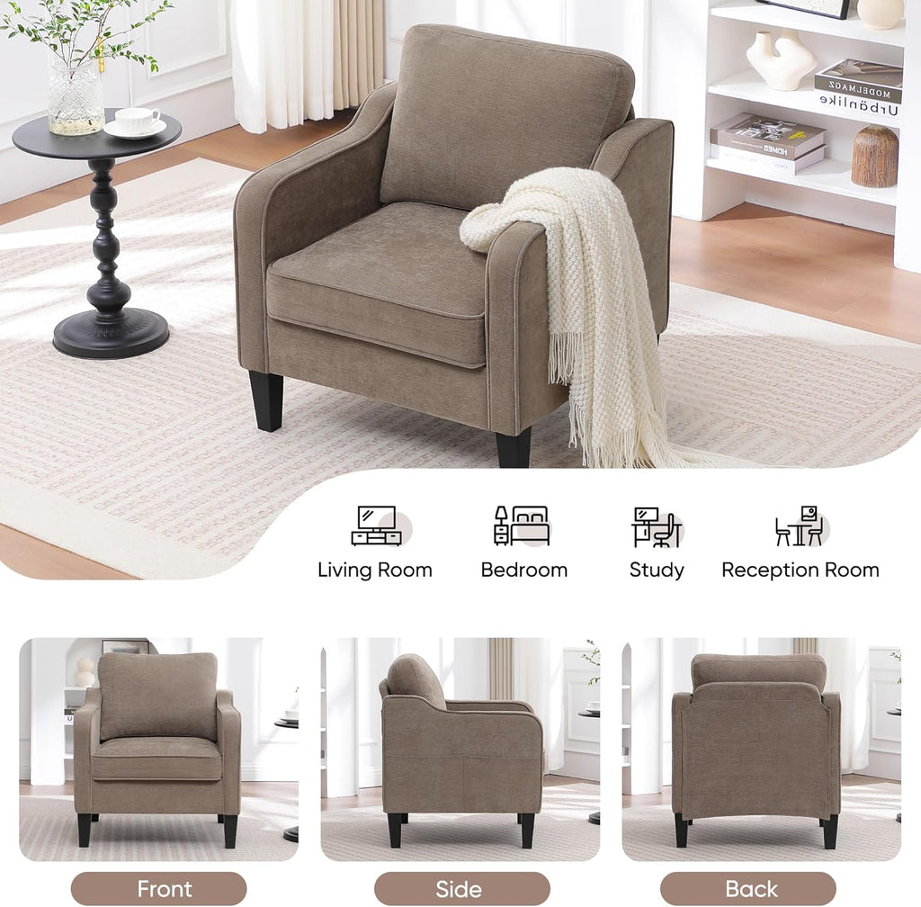 Accent Chairs Set of 2, Upholstered Living Room Chair with Side Pockets, Mid Century Modern Reading Chair for Bedroom, Comfy Armchair Single Sofa Side Chair for Office, Small Room, Brown