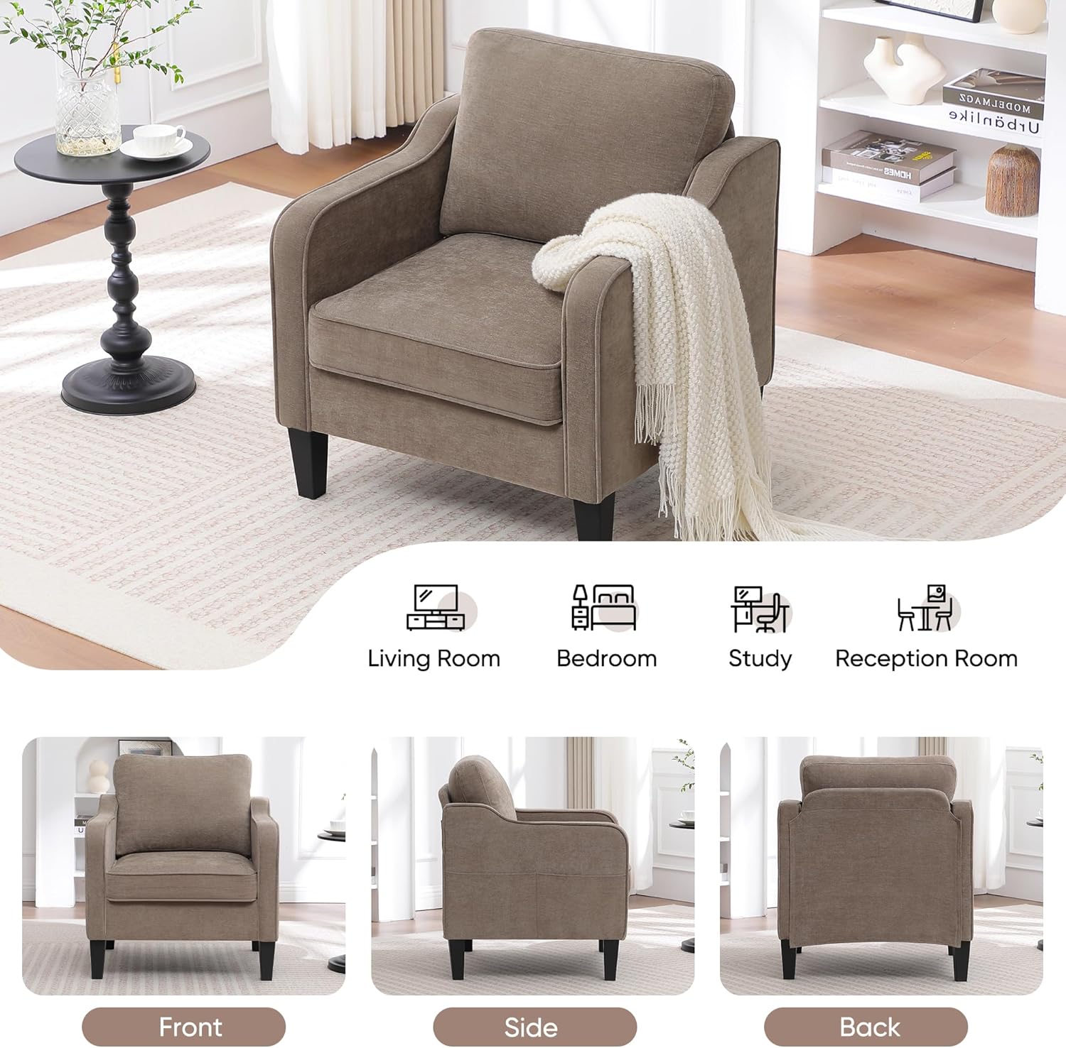 Accent Chairs Set of 2, Upholstered Living Room Chair with Side Pockets, Mid Century Modern Reading Chair for Bedroom, Comfy Armchair Single Sofa Side Chair for Office, Small Room, Brown