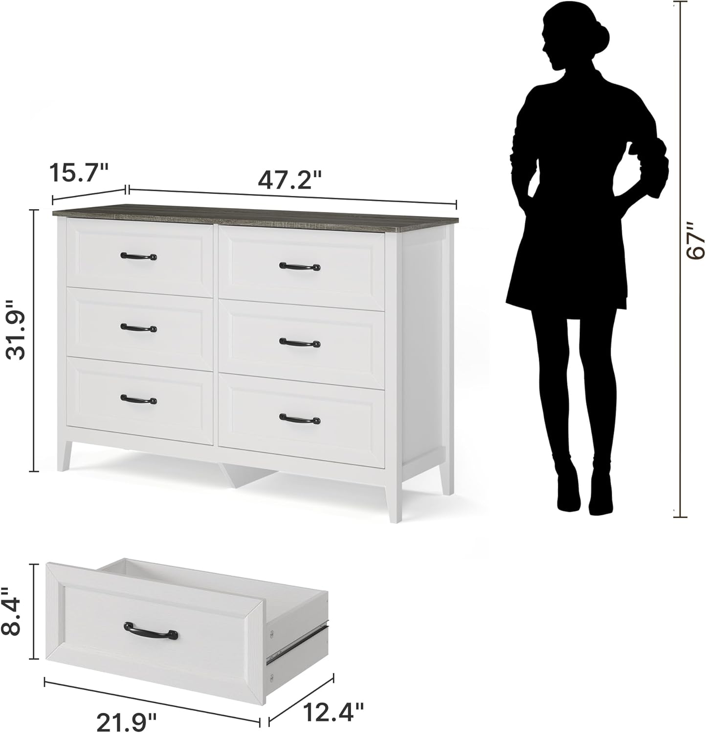 Gizoon 2-Piece Bedroom Furniture Set, Includes 44.8" H 5 Drawer Dresser and 43.3" W 6 Chest of Drawers, Modern Bedroom Dresser Set, with Smooth Rail, Metal Handles, Anti-tip Device, Grey Tabletop