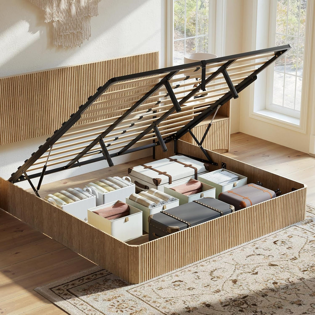 Evermagin Natural King Lift Up Storage Bed Frame, Mid Century Modern Fluted Bed Frame, Wood Hydraulic King Size Bedframe with Headboard