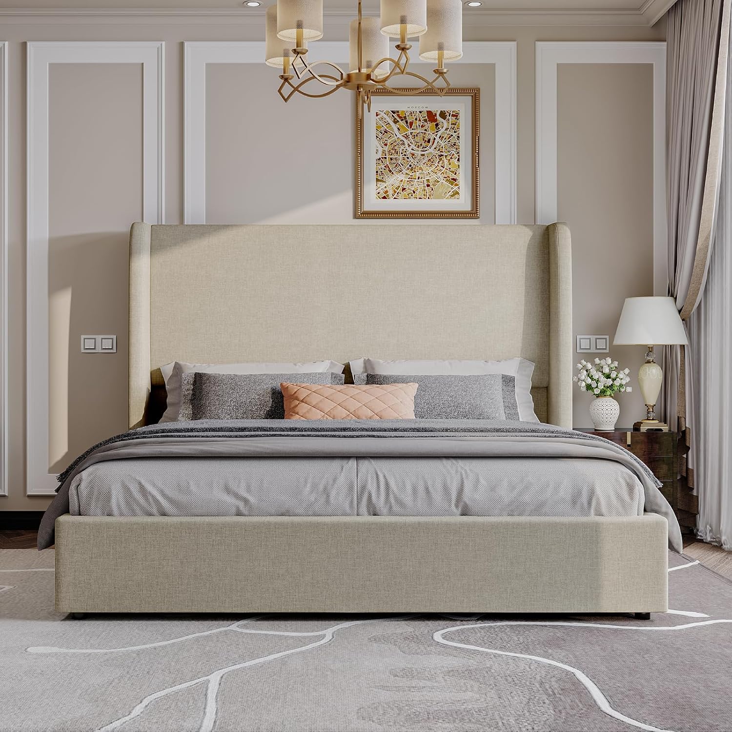 AMERLIFE Lift Up Storage Bed King Size Linen Upholstered Platform Bed Frame, Hydraulic Storage,Modern Wingback Headboard, No Box Spring Needed, Khaki