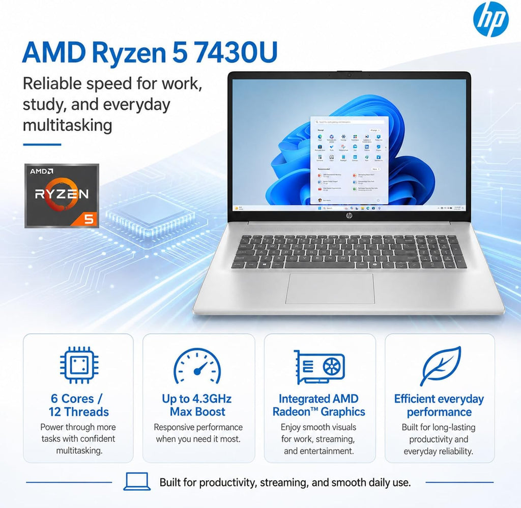 HP New Released 17.3" FHD Business Laptop(2026/2027Edition) with MS365 for Web, Powerful AMD Ryzen 5 7430U(Beats Core i7-1335U), 16GB RAM, 512GB PCIe, Ultra Quiet Design, Long Battery Life, Windows 11