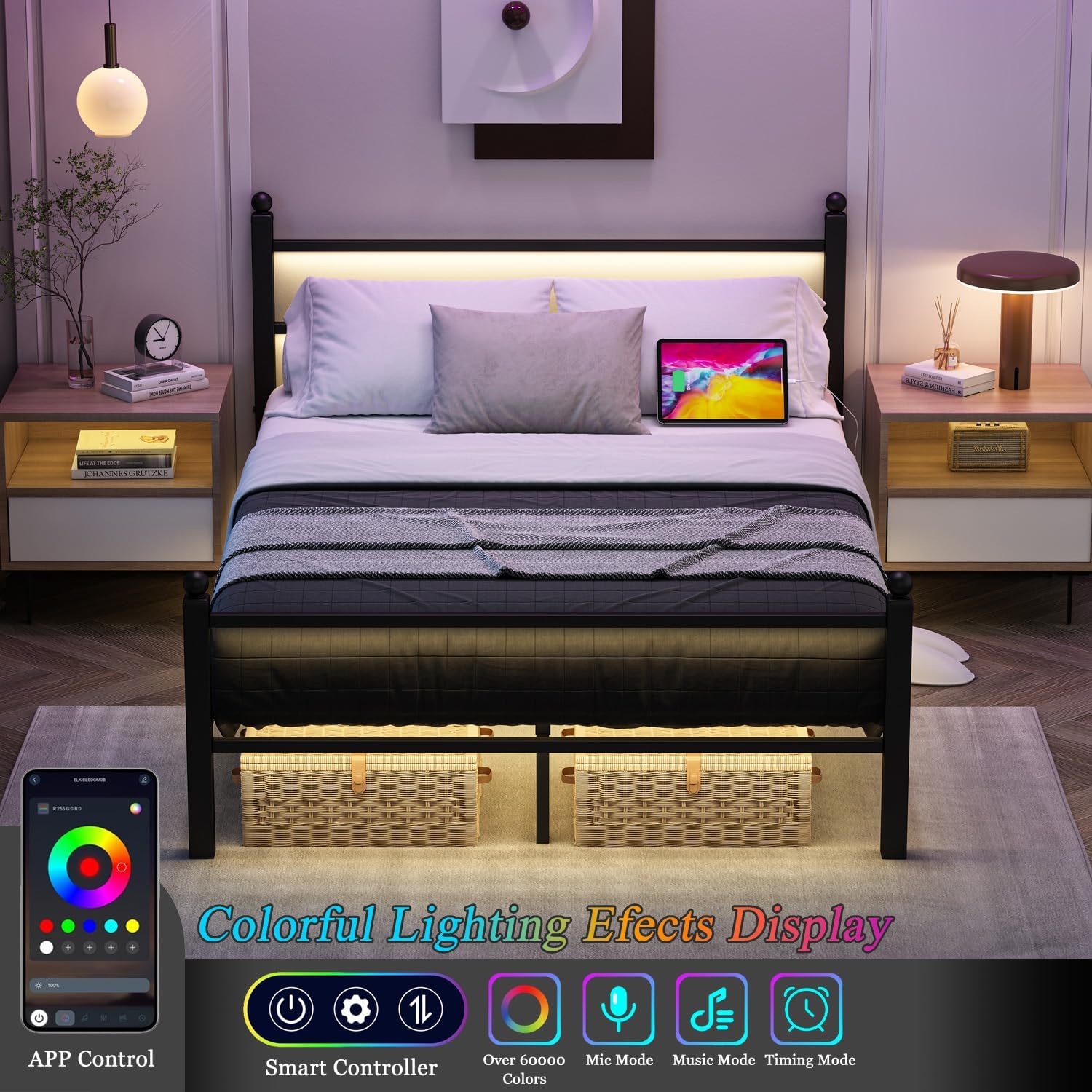 Jenmit Full Size Bed Frame with Charging Station & LED Lights, Metal Platform Bed Frame with Headboard and Footboard, Storage Space Under Bed, No Box Spring Needed, Noise Free, Easy Assembly, Black