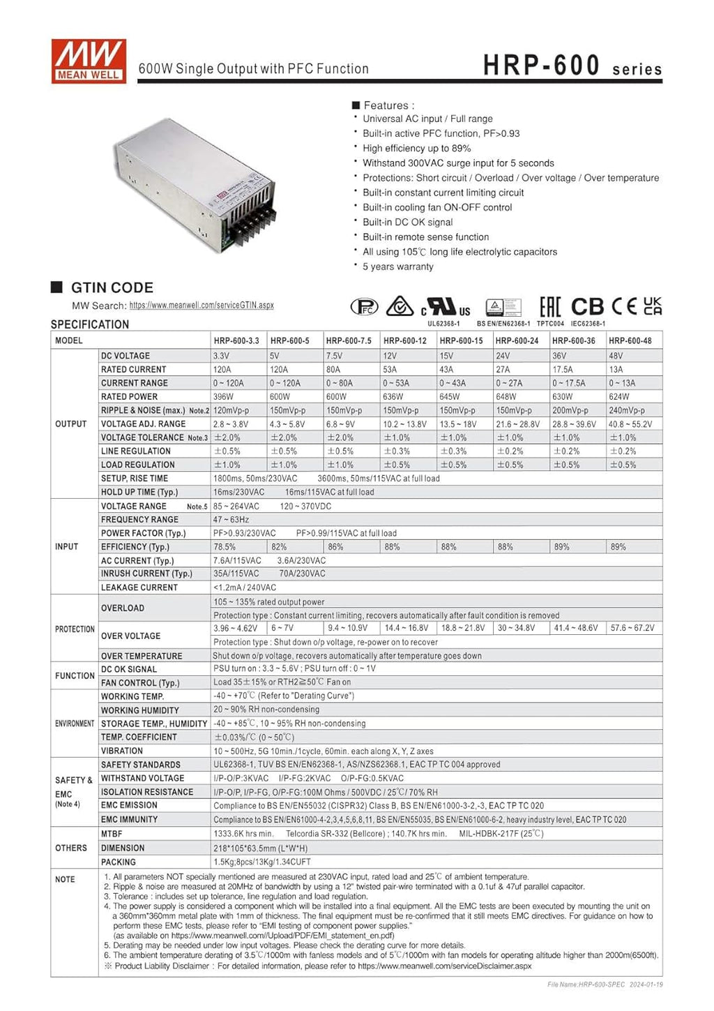 Mean Well HRP-600-36 630W Single Output with PFC Function HRP-600 36V/17.5A