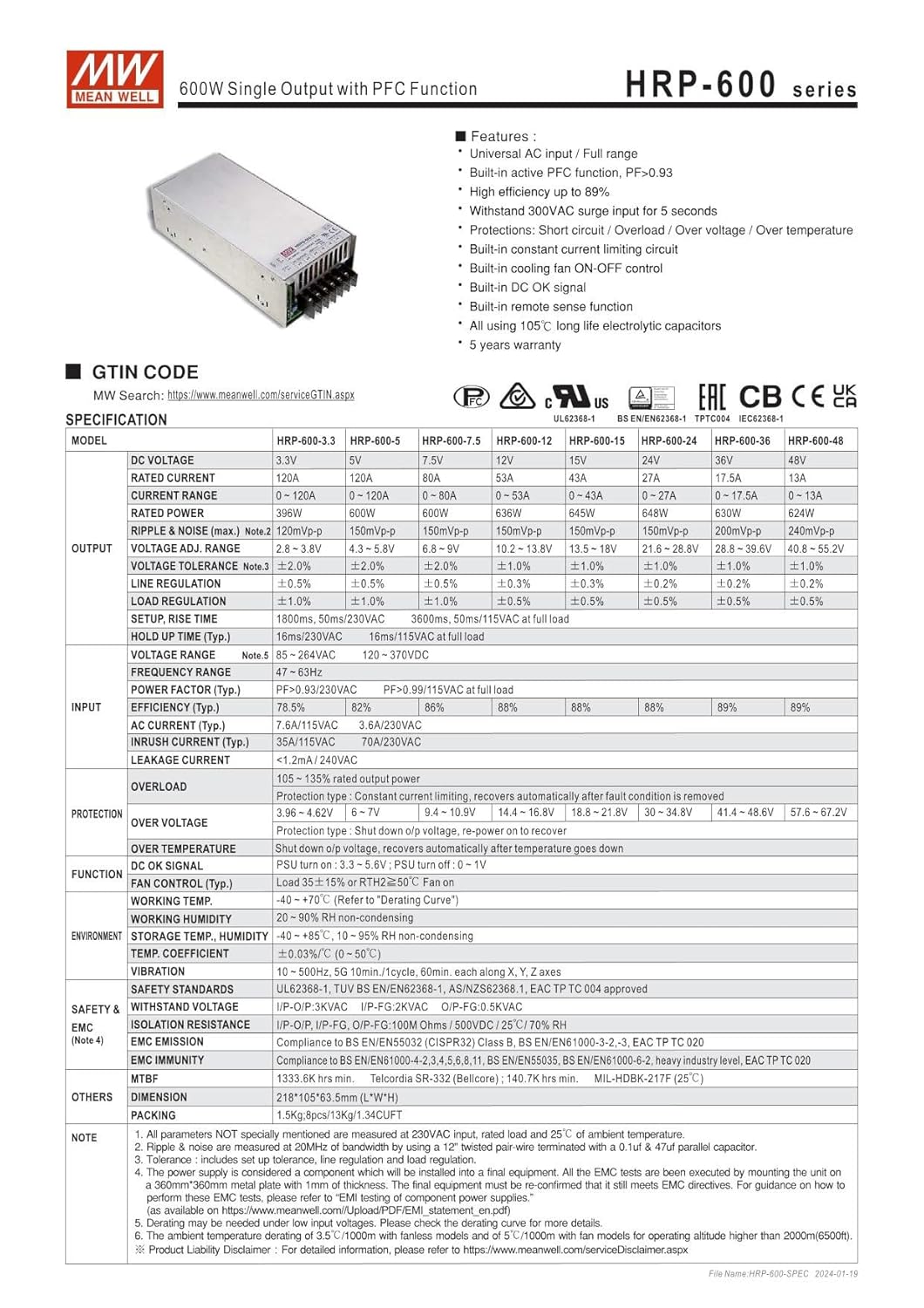 Mean Well HRP-600-36 630W Single Output with PFC Function HRP-600 36V/17.5A
