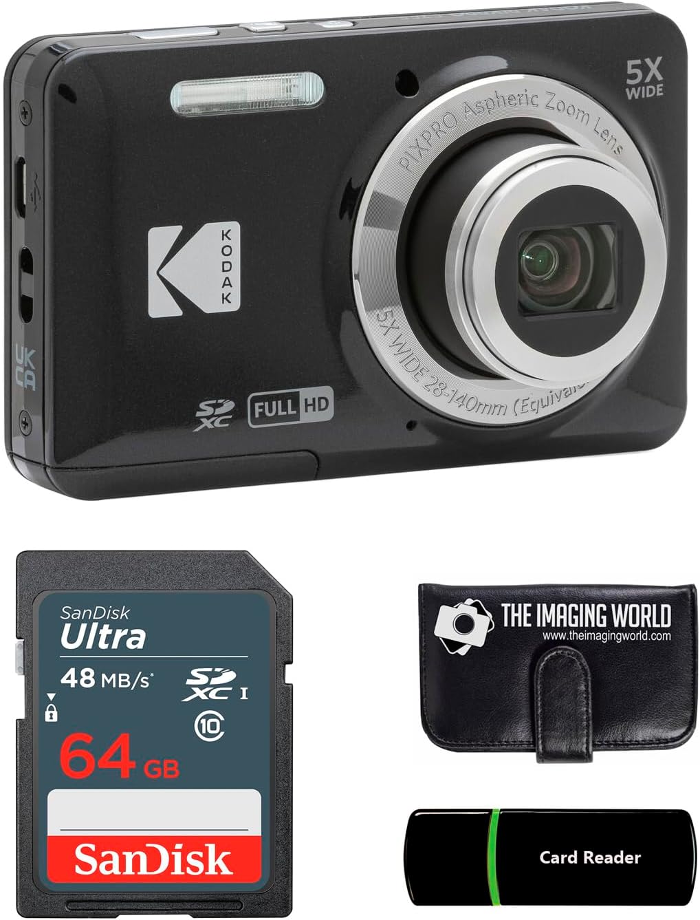 Kodak PIXPRO FZ55 Black 16MP Digital Camera 5X Optical Zoom 28mm Wide Angle 1080P Full HD Video 2.7" LCD Camera + 64GB Card and Reader + Memory Wallet