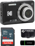 Kodak PIXPRO FZ55 Black 16MP Digital Camera 5X Optical Zoom 28mm Wide Angle 1080P Full HD Video 2.7" LCD Camera + 64GB Card and Reader + Memory Wallet