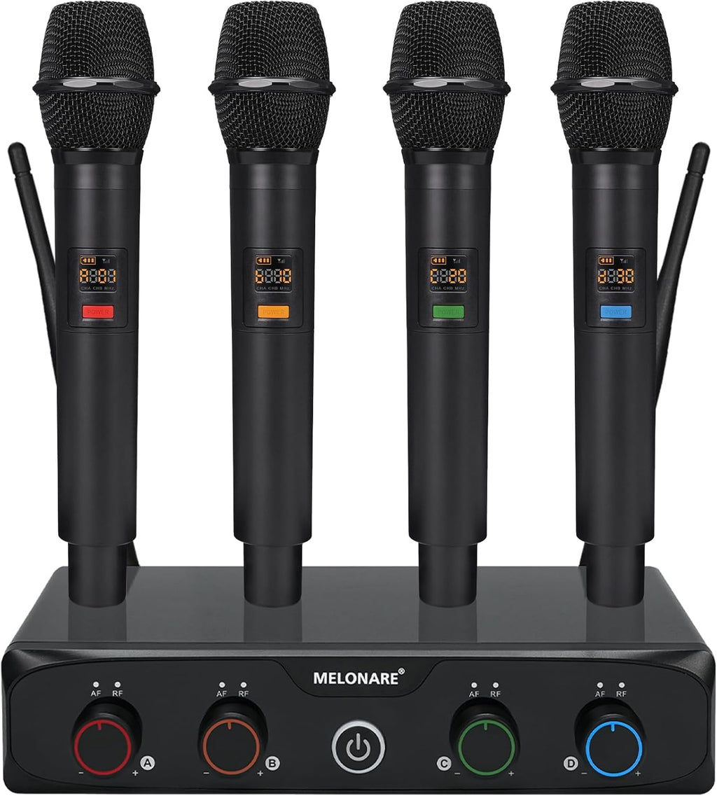 MELONARE 4-Channel Wireless Microphone System, UHF Compact Cordless Mic Set w/ 4x10 Frequencies, 200ft Range, Dynamic Handheld Microphone for Singing, Karaoke, Church, DJ, Wedding (MWM-41-4H)